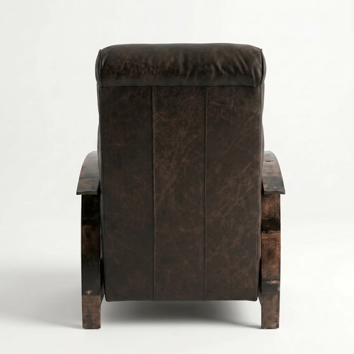 Rear view of the cognac brown leather whiskey barrel recliner showing the back panel, on a white background
