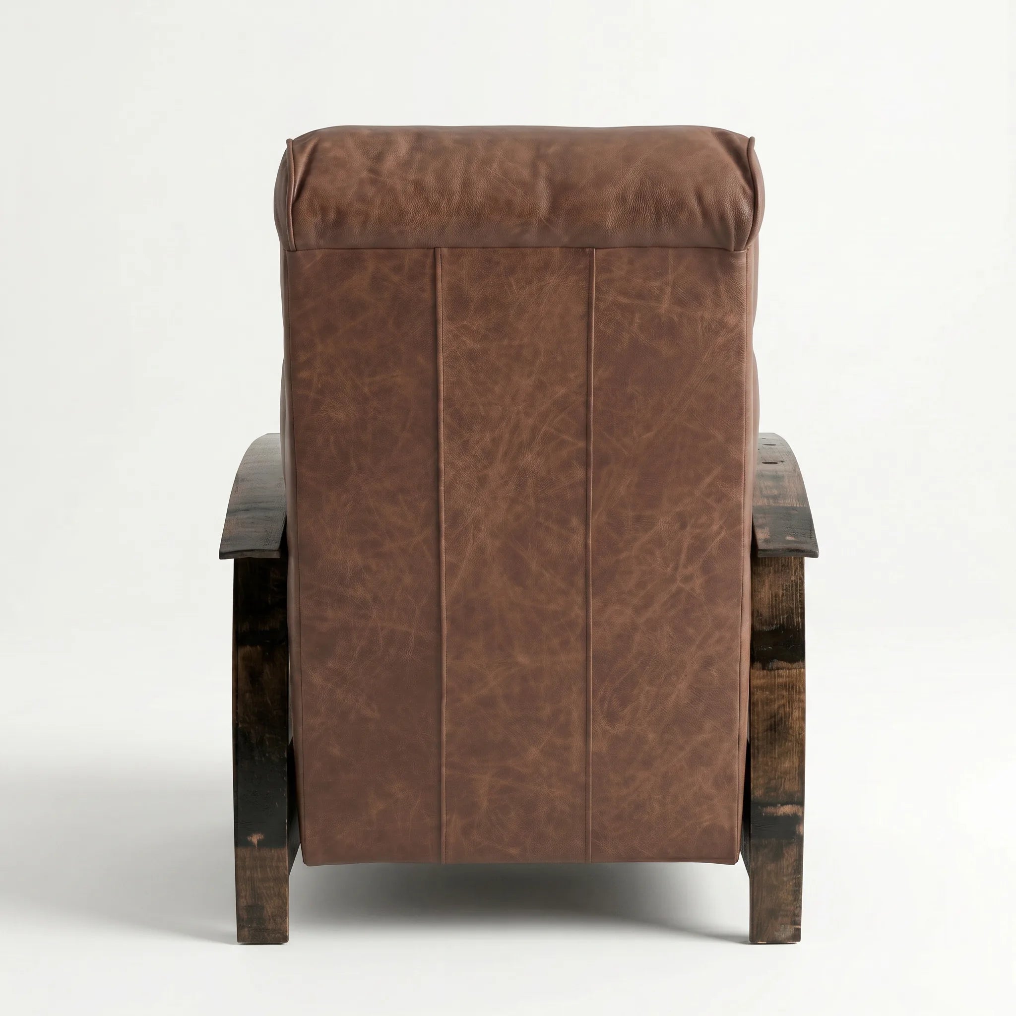 Rear view of the whiskey-brown leather whiskey barrel recliner showing the back panel, on a white background