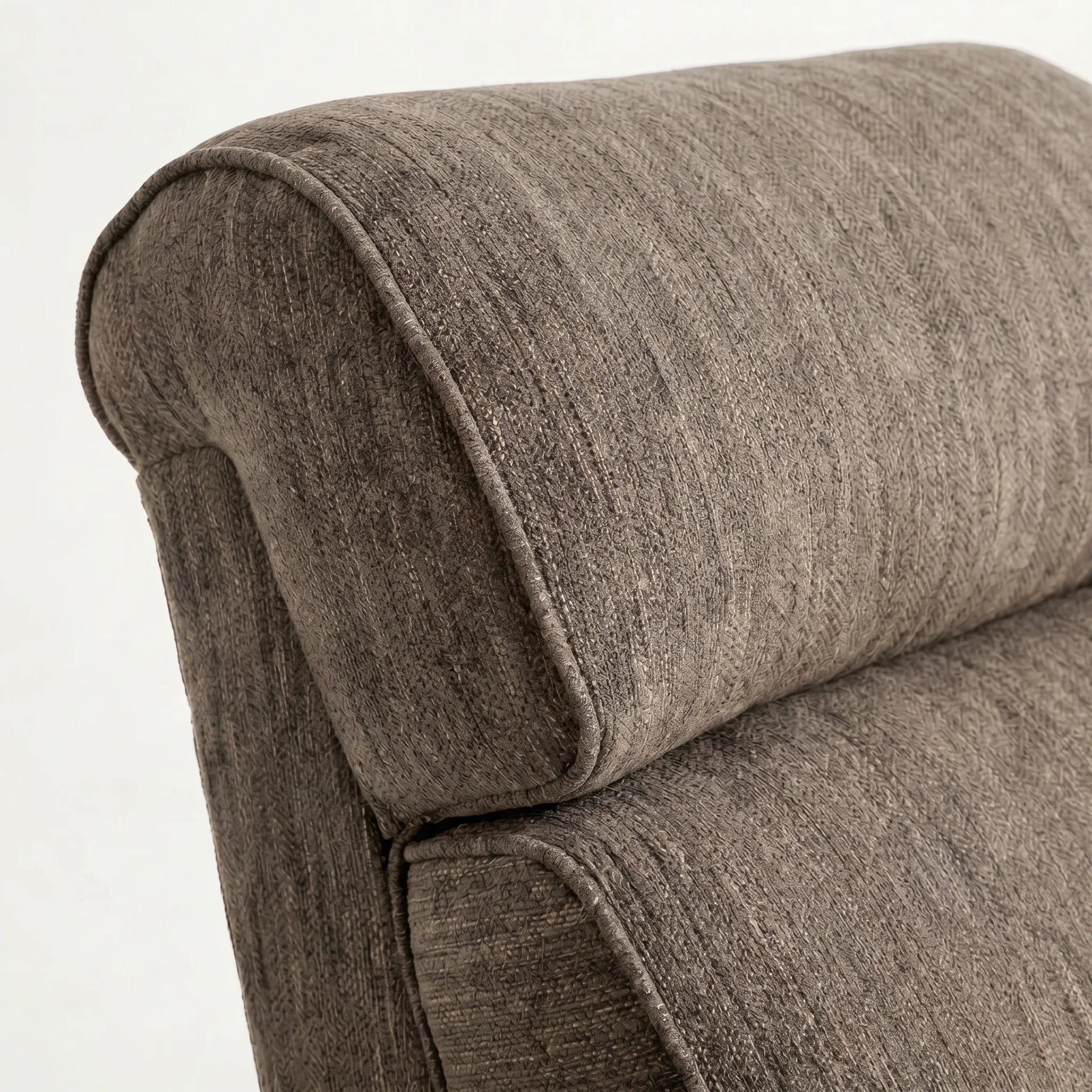 Close-up of the Big & Tall coffee brown plush fabric whiskey barrel recliner headrest and cushion, on a white background