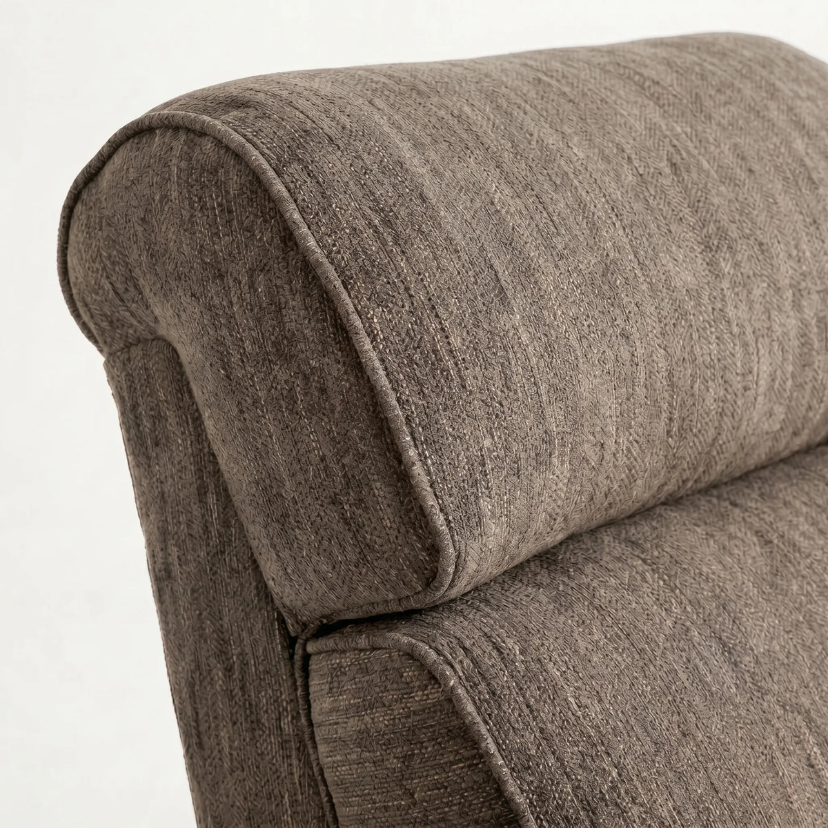 Close-up of the Extra Tall coffee brown plush fabric whiskey barrel recliner headrest and cushion, on a white background