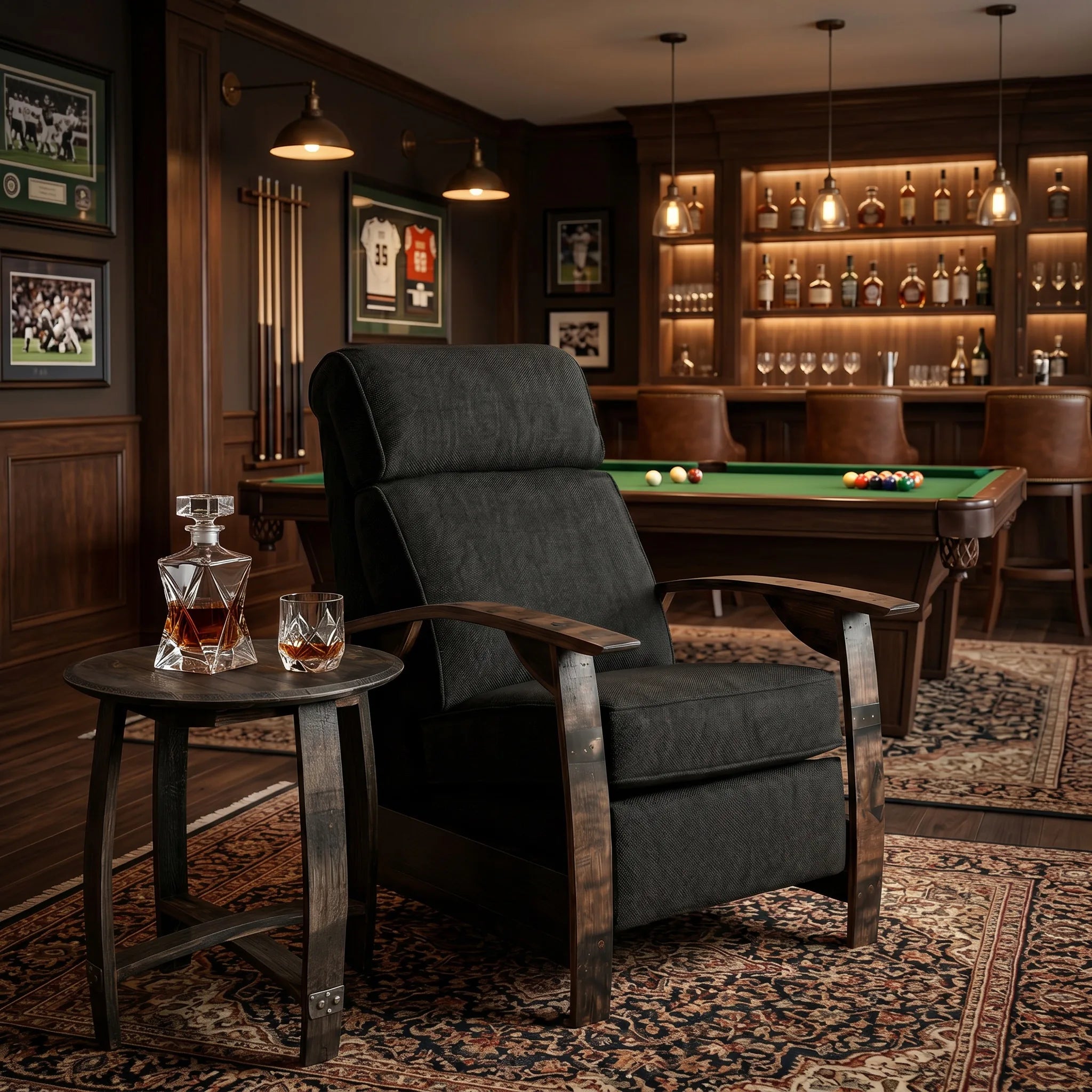 Black plush fabric whiskey barrel recliner styled in a games room man cave