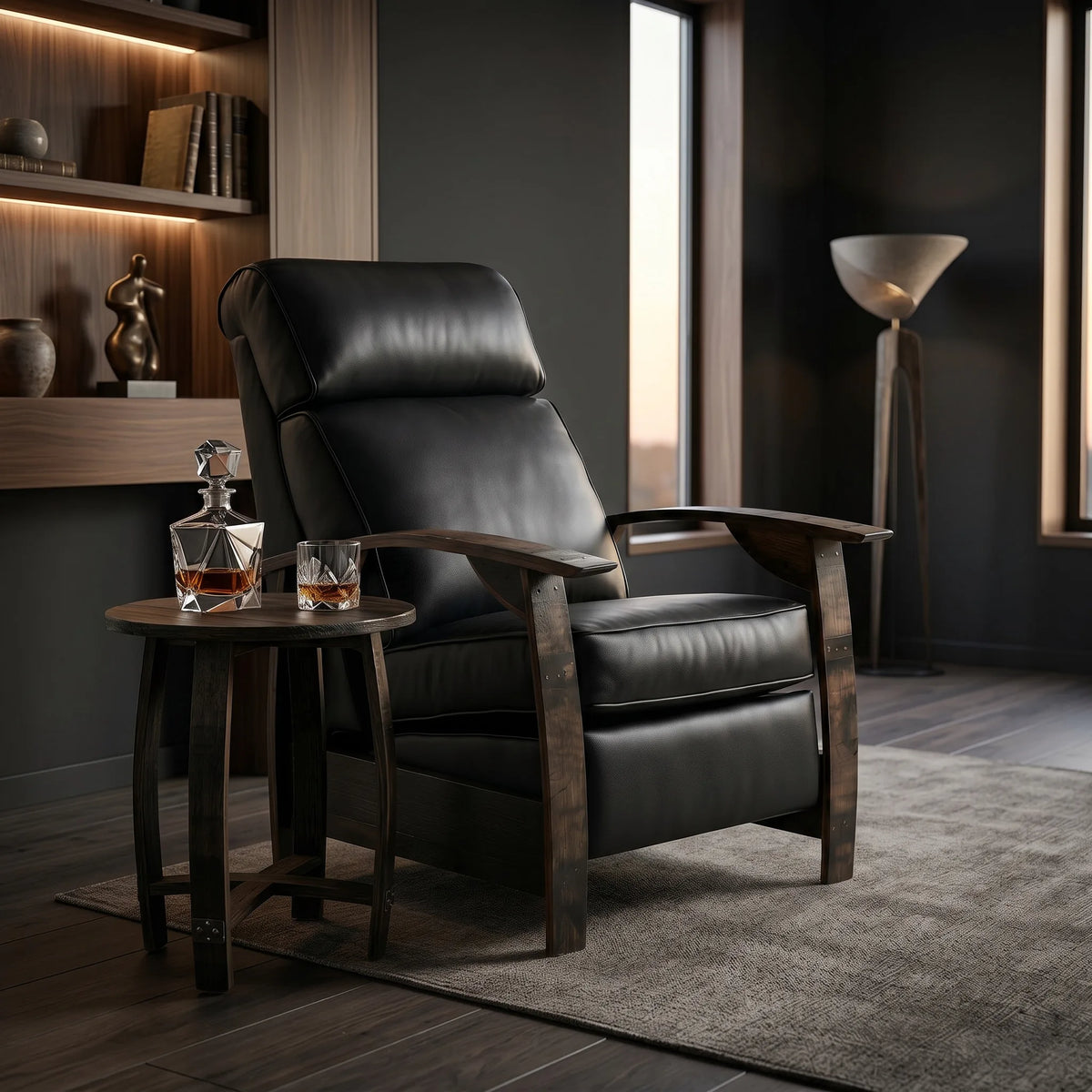 Black leather whiskey barrel recliner styled in a dark modern lounge