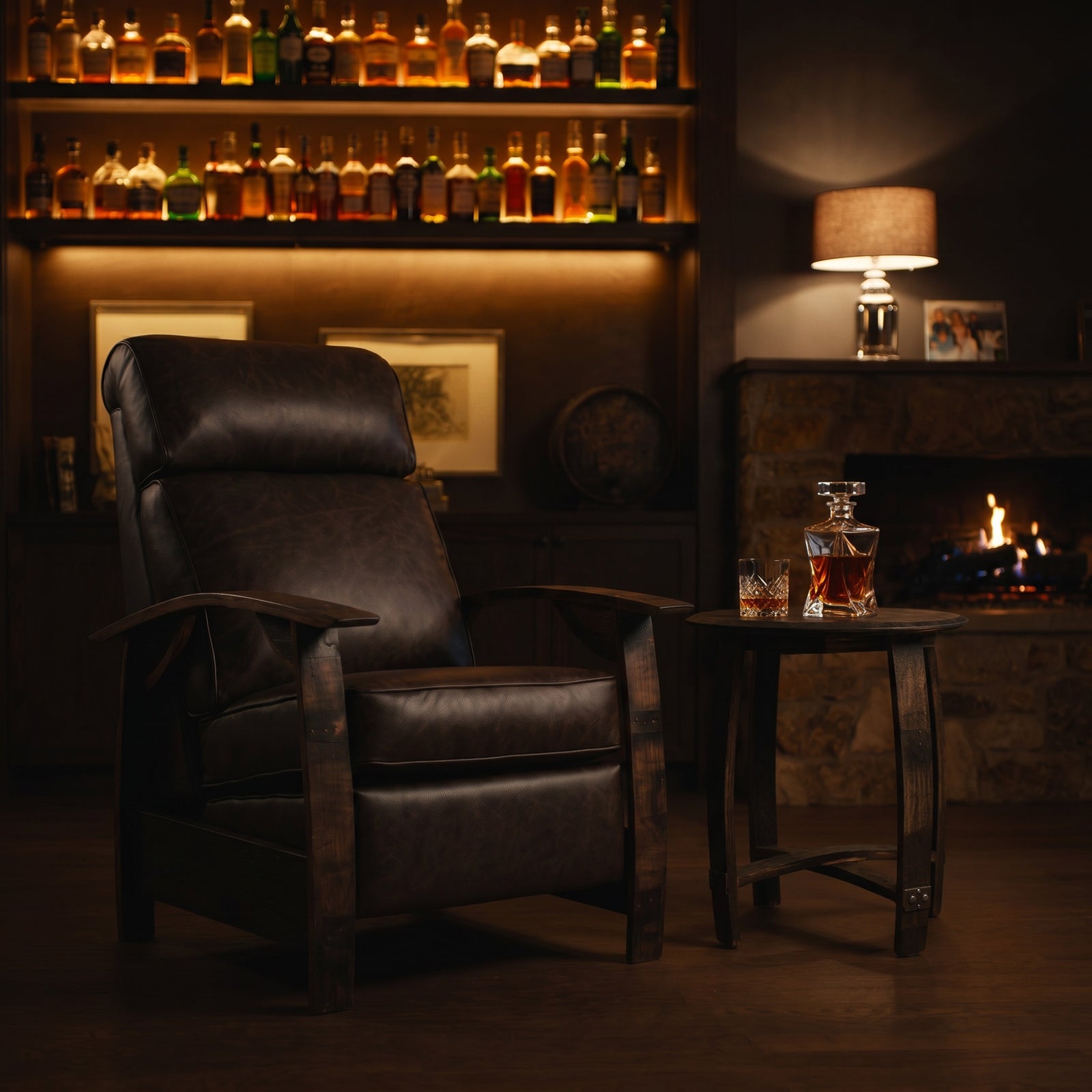 Cognac brown leather whiskey barrel recliner styled in a home whiskey den