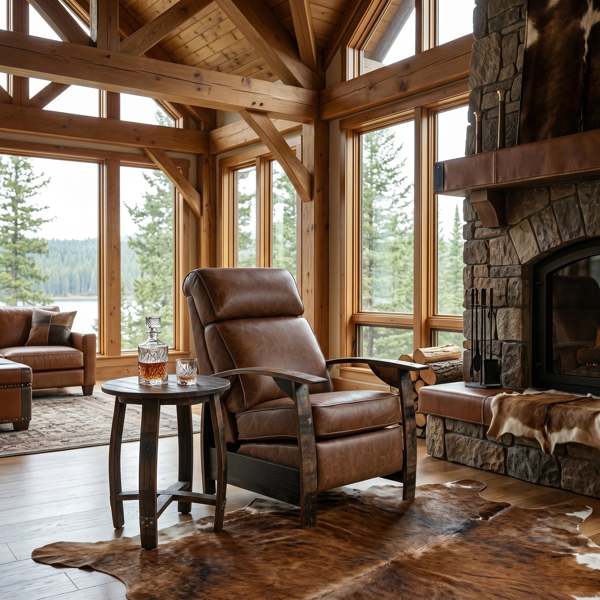 Whiskey-brown leather whiskey barrel recliner styled in a rustic lodge living room