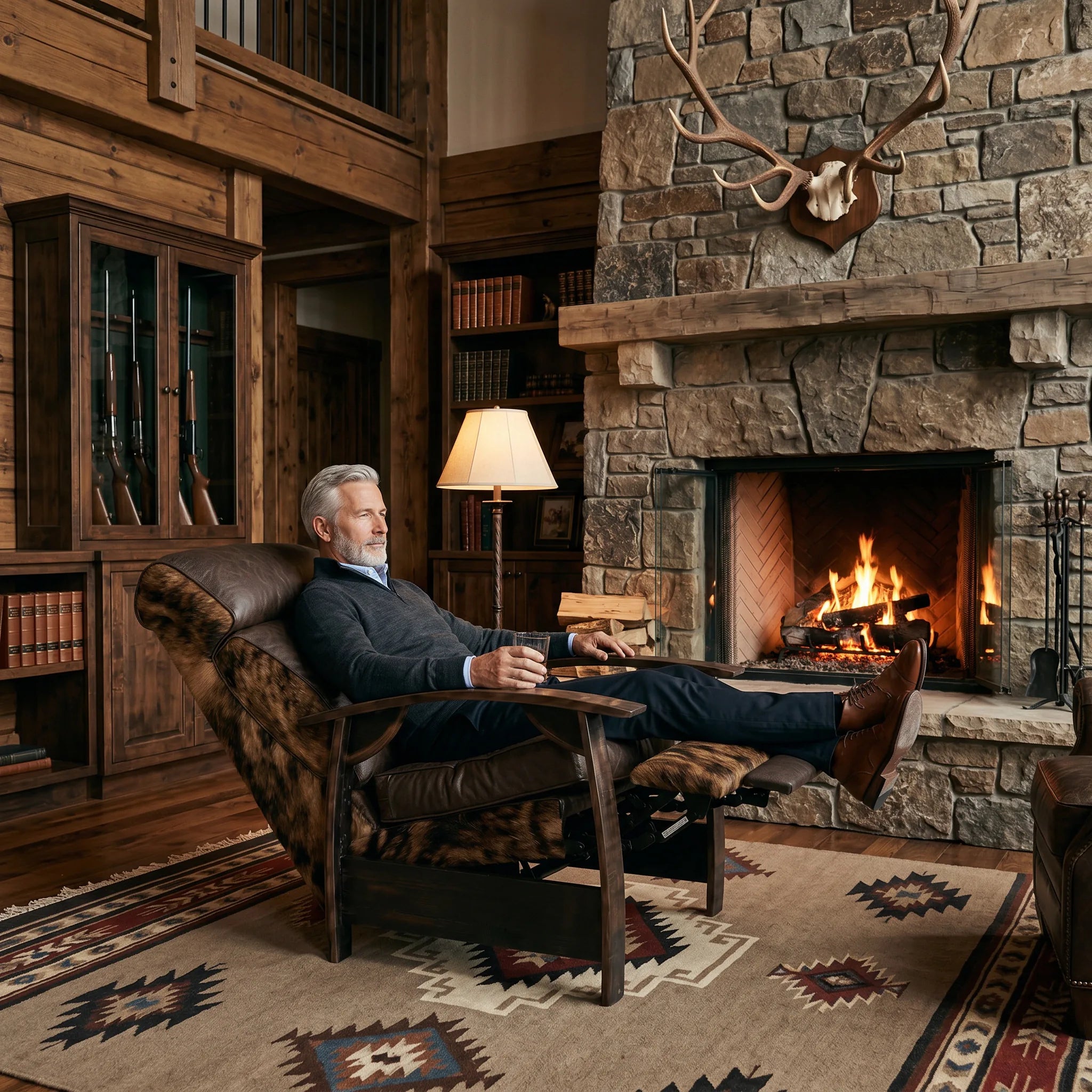 Man relaxing in a brindle cowhide whiskey barrel recliner in a hunting lodge den