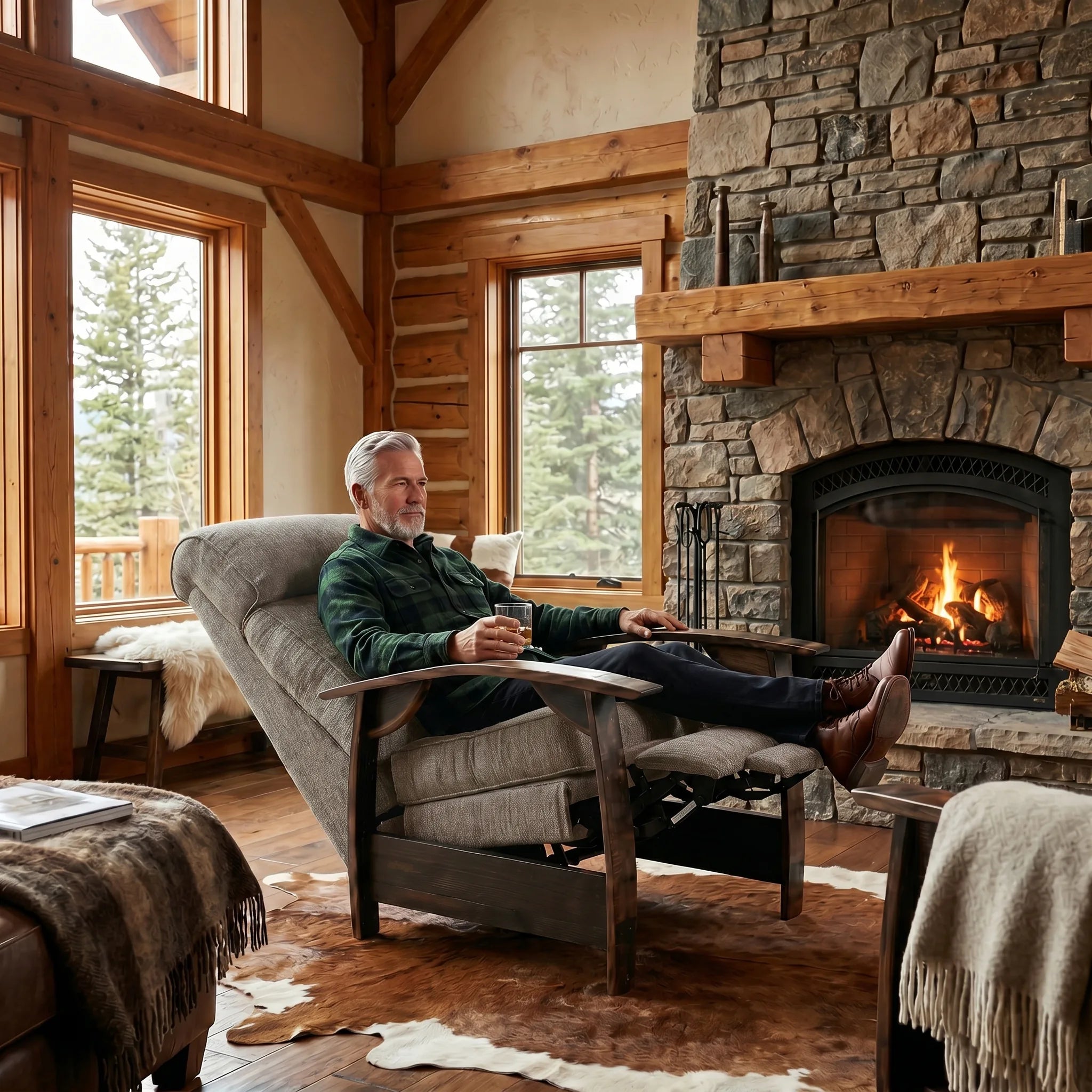 Man relaxing in a coffee brown plush fabric whiskey barrel recliner in a mountain cabin great room