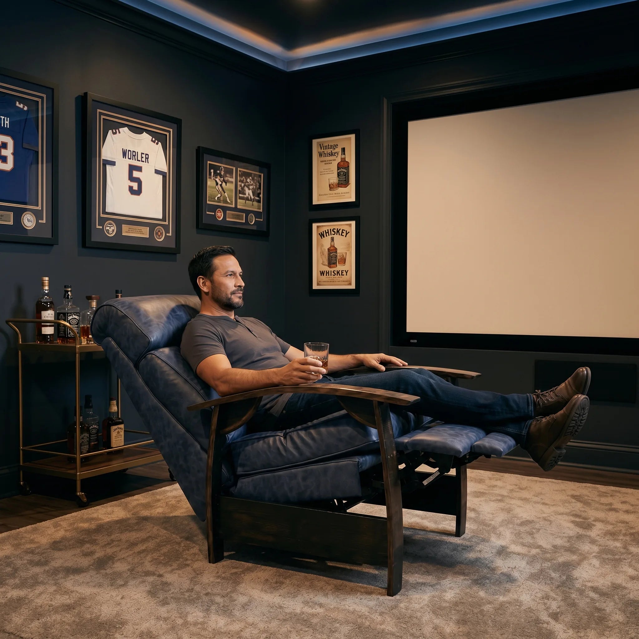 Man relaxing in a denim blue leather whiskey barrel recliner in a basement media room man cave