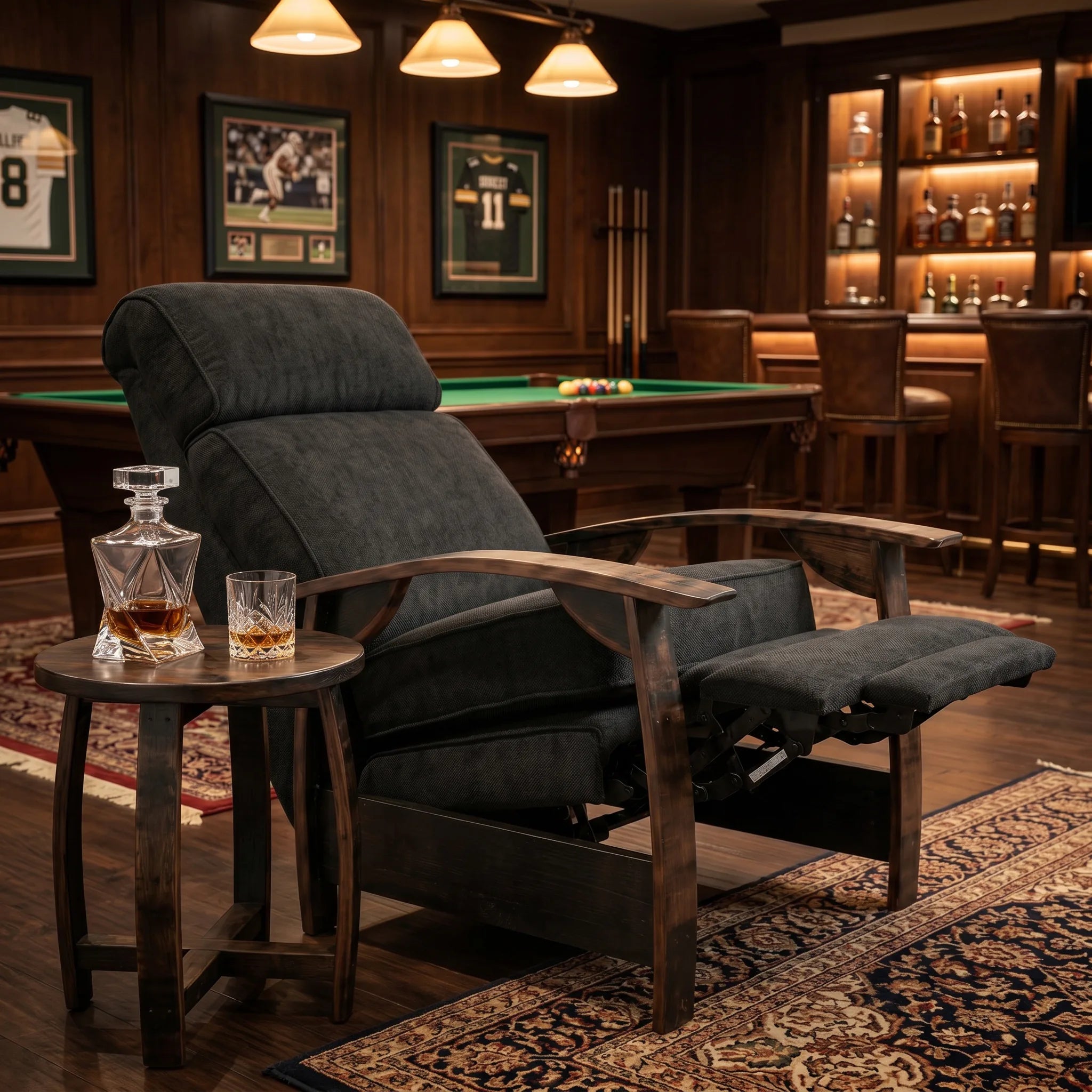 Black plush fabric whiskey barrel recliner detail shot in a games room man cave