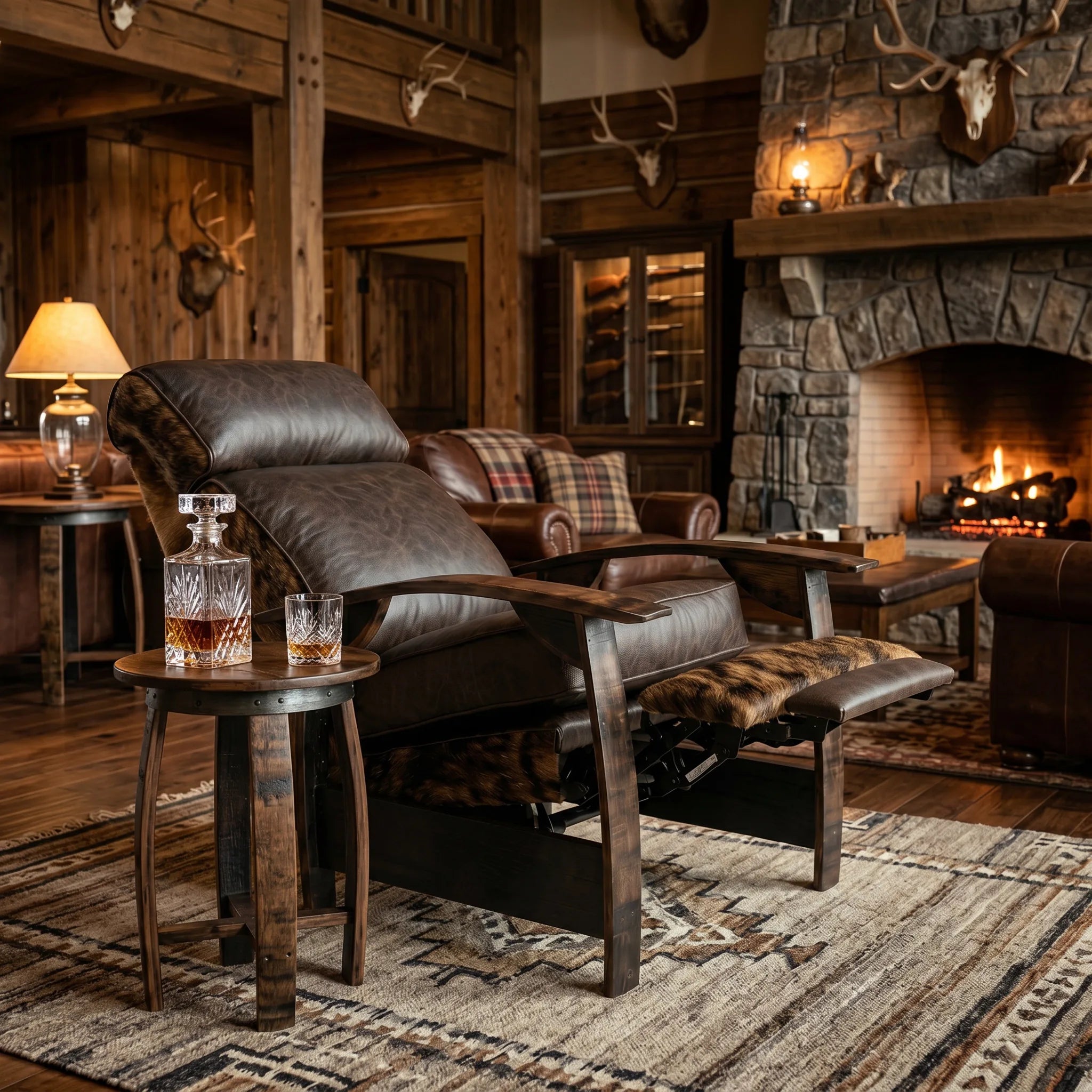 Brindle cowhide whiskey barrel recliner detail shot in a hunting lodge den