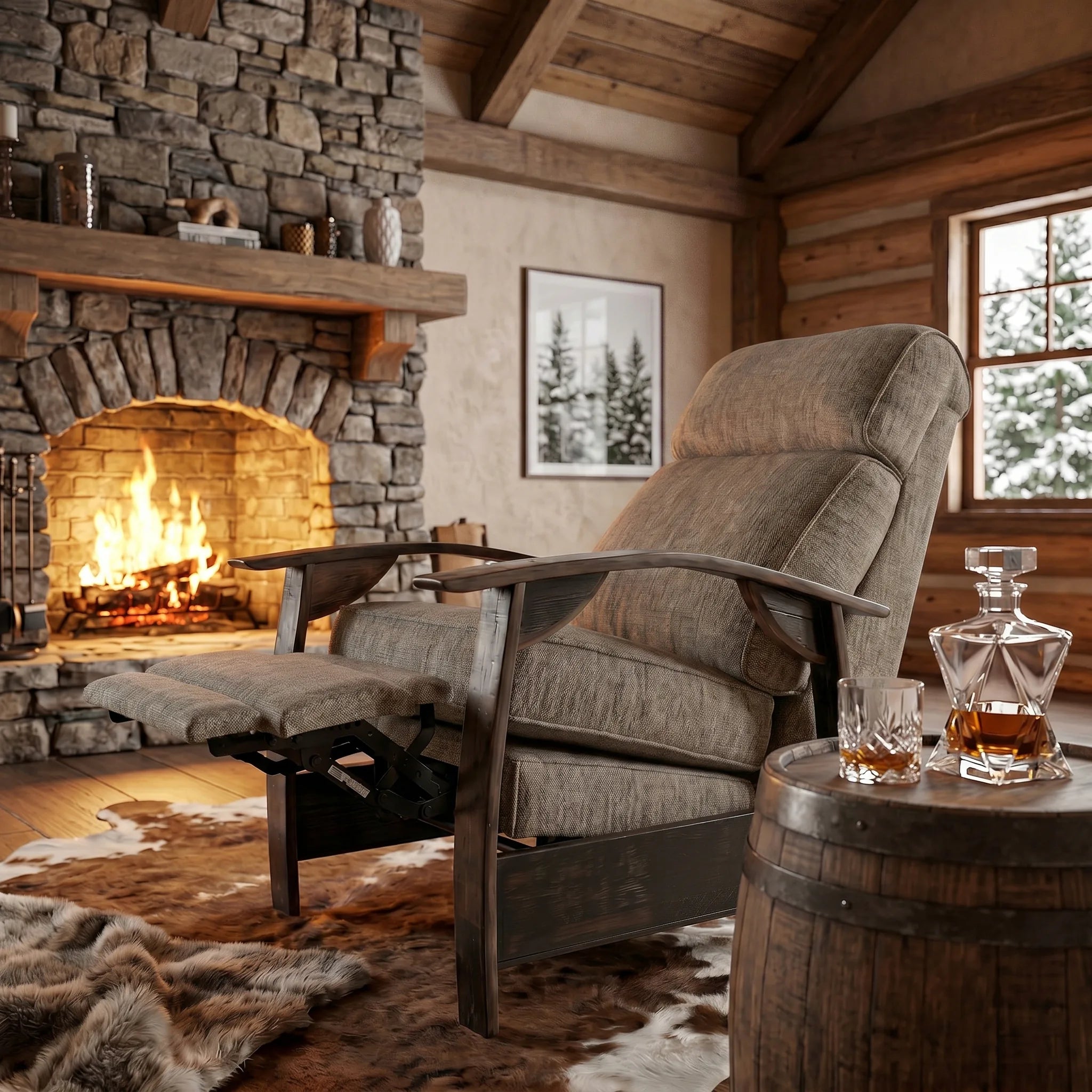 Coffee brown plush fabric whiskey barrel recliner detail shot in a mountain cabin great room