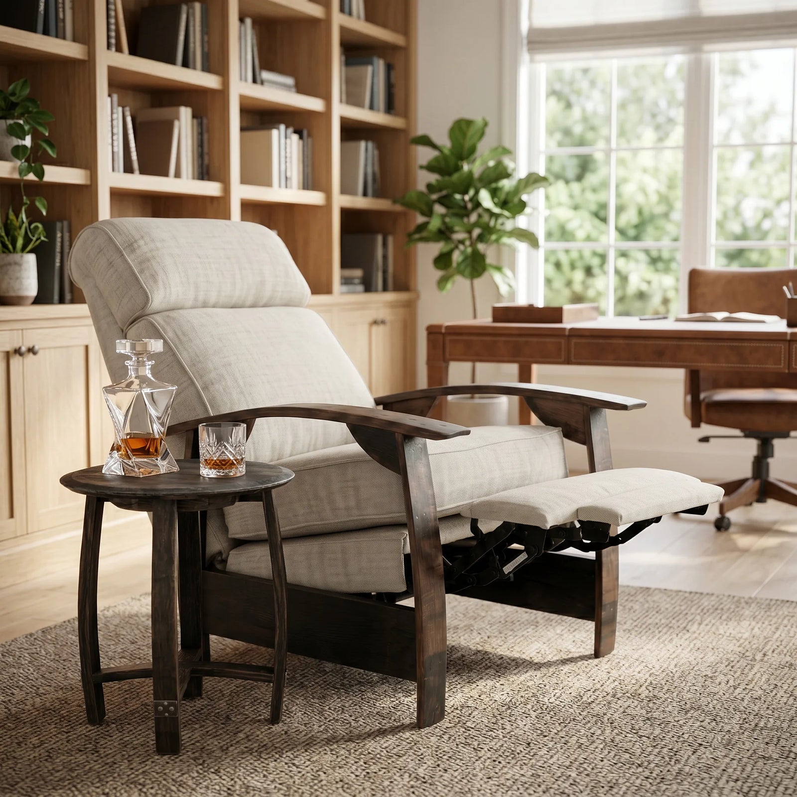 Oatmeal gray plush fabric whiskey barrel recliner detail shot in a sunlit home study