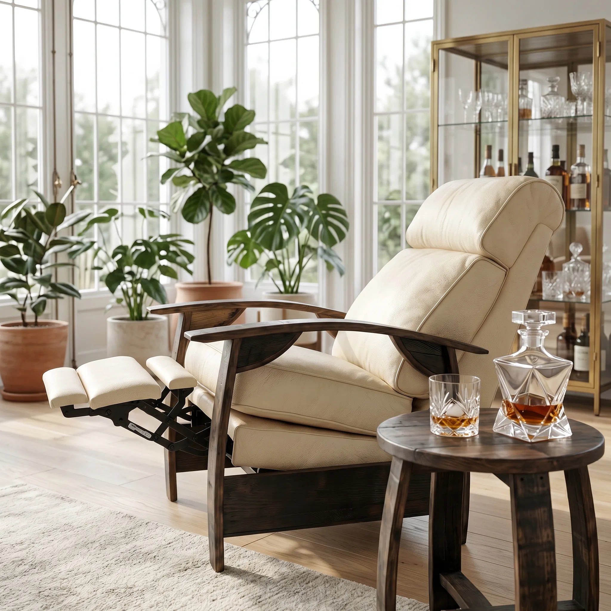 Cream ivory leather whiskey barrel recliner detail shot in a bright sunroom lounge