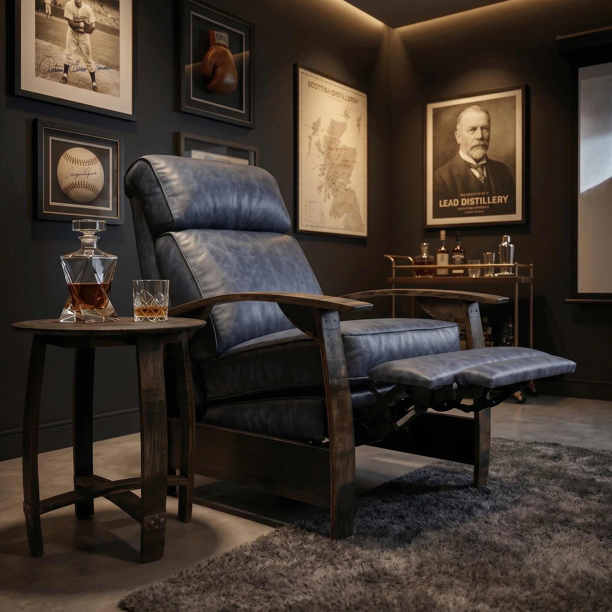 Denim blue leather whiskey barrel recliner detail shot in a basement media room man cave