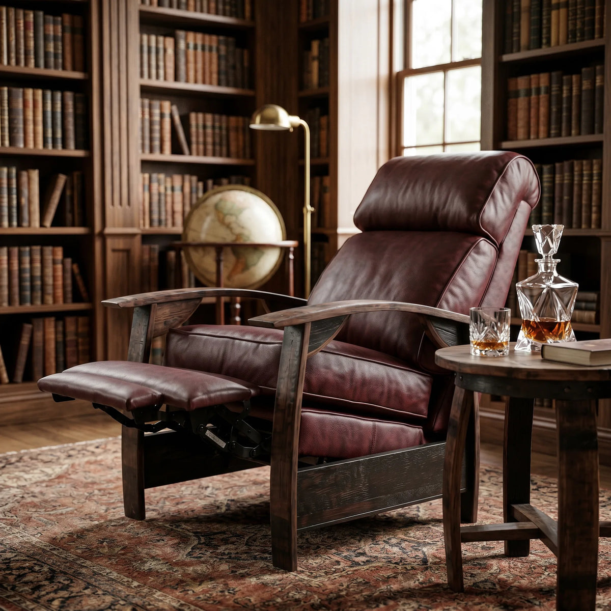 Oxblood leather whiskey barrel recliner detail shot in a wood-panelled library