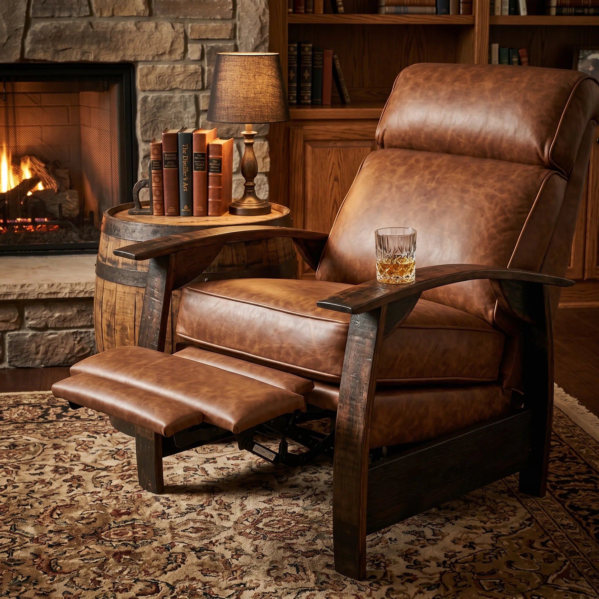 Whiskey-brown leather whiskey barrel recliner detail shot in a rustic lodge living room