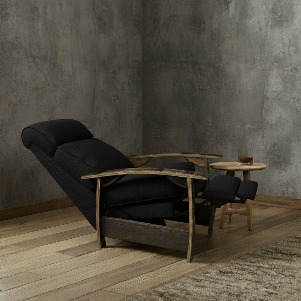 Whiskey Barrel Recliner -Black Plush Fabric