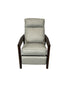 A modern mid century modern recliner with dark wooden armrests.