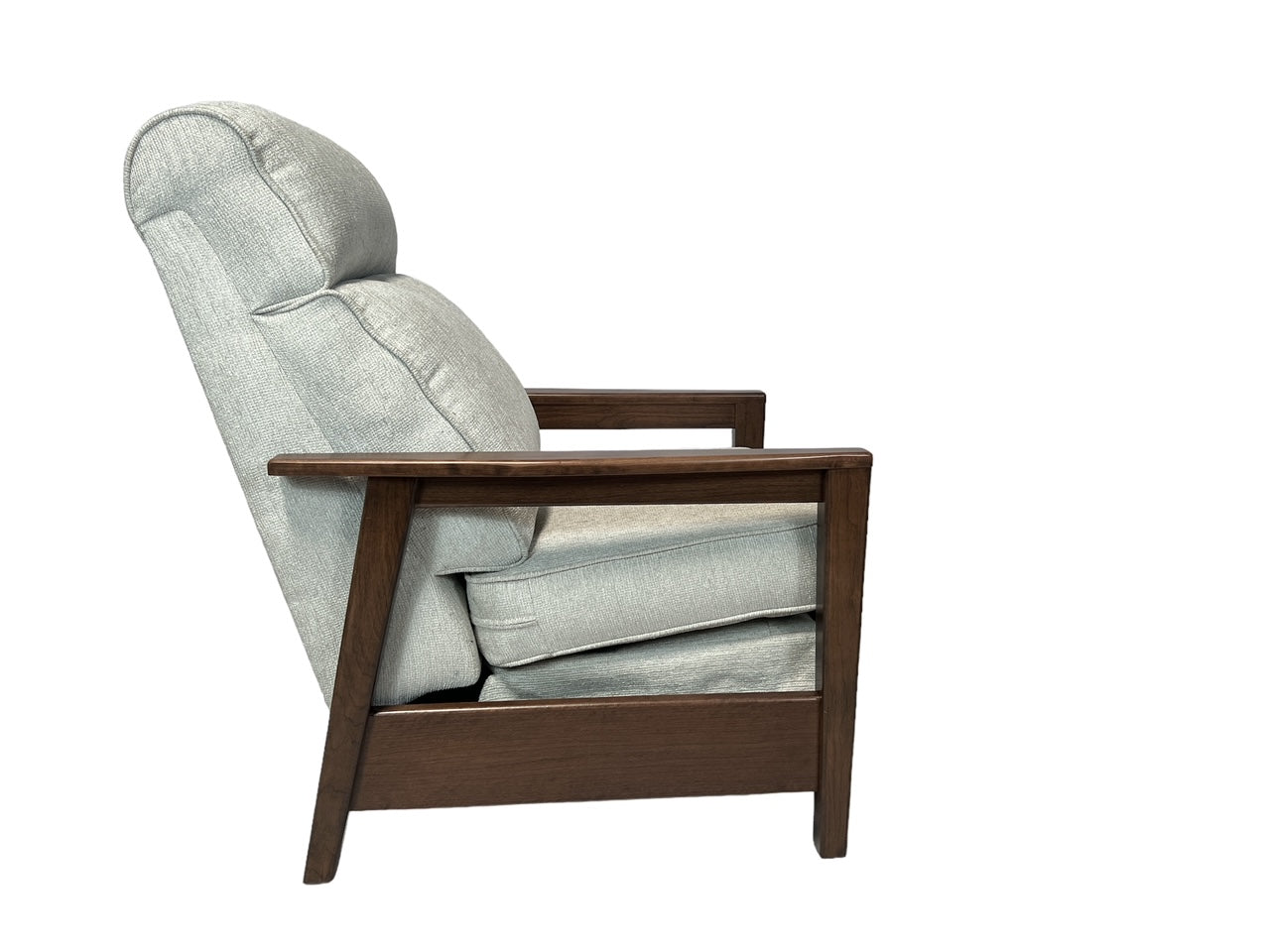 Side view of a light gray Mid Century Modern Recliner with a wooden frame.