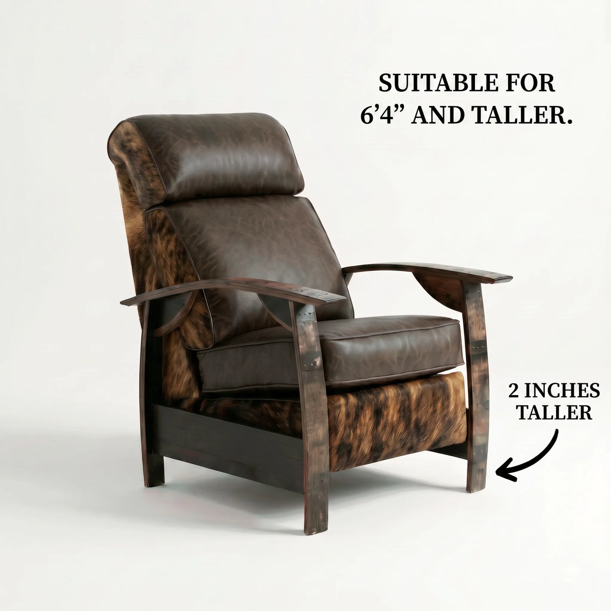 Extra Tall whiskey barrel recliner chair in brindle cowhide and leather with oak whiskey-barrel stave armrests, upright, on a white background, labelled suitable for 6'4" and taller with legs 2 inches taller