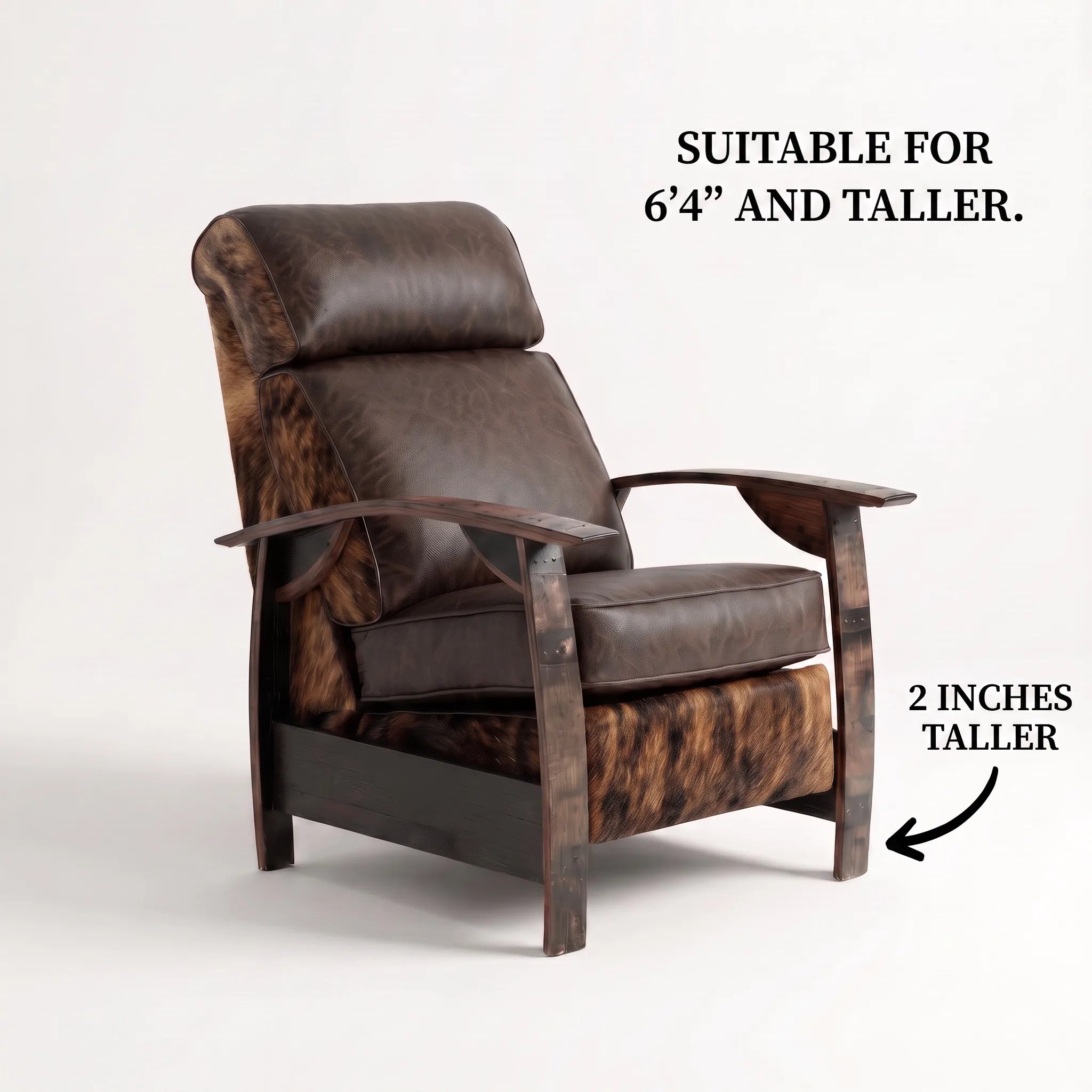 Big & Tall whiskey barrel recliner chair in brindle cowhide and leather with oak whiskey-barrel stave armrests, upright, on a white background, labelled suitable for 6'4" and taller with legs 2 inches taller