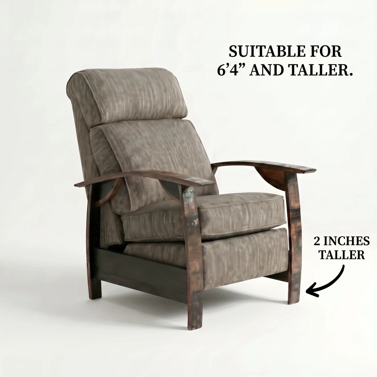 Extra Tall whiskey barrel recliner chair in coffee brown plush fabric with oak whiskey-barrel stave armrests, upright, on a white background, labelled suitable for 6'4" and taller with legs 2 inches taller