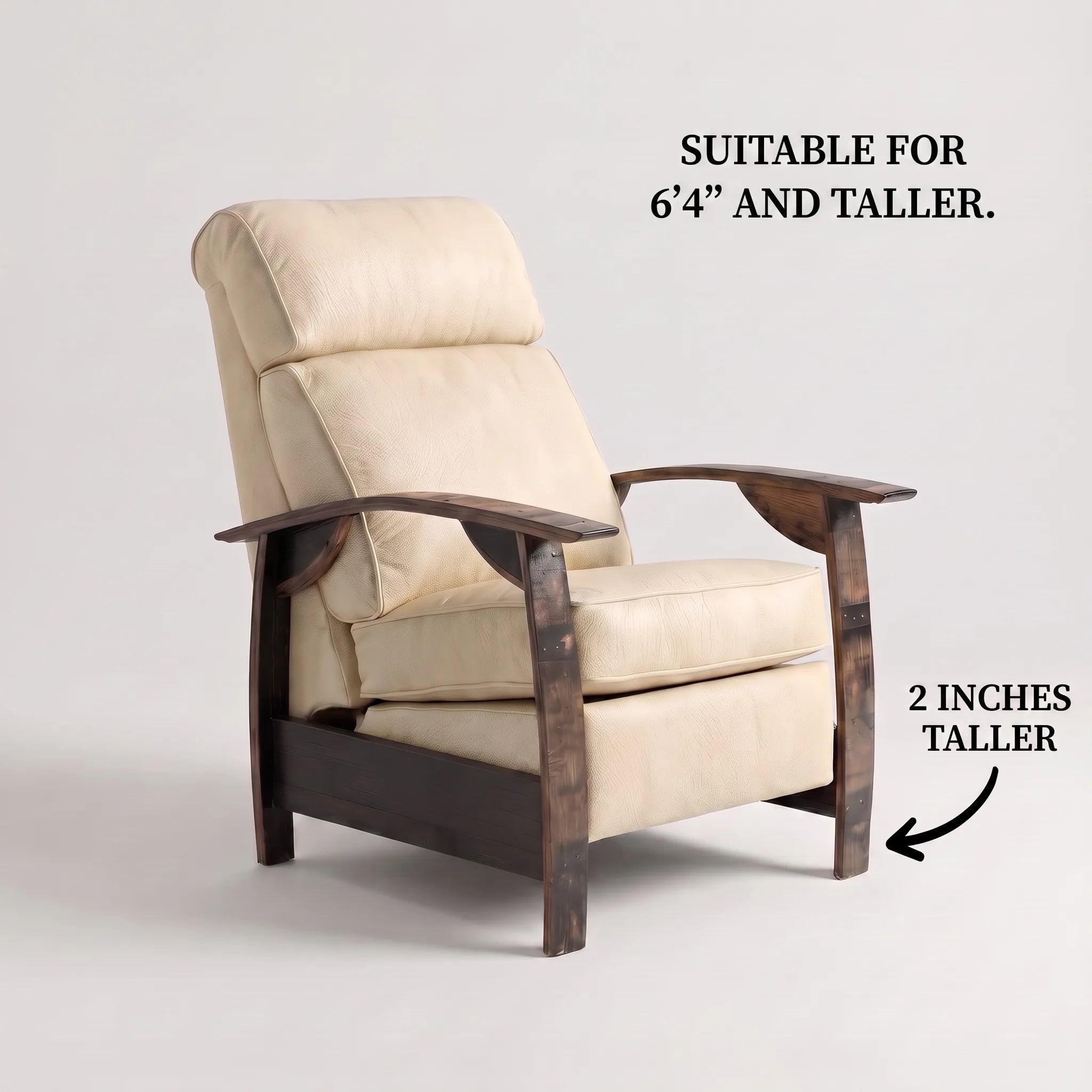 Big & Tall whiskey barrel recliner chair in cream ivory leather with oak whiskey-barrel stave armrests, upright, on a white background, labelled suitable for 6'4" and taller with legs 2 inches taller