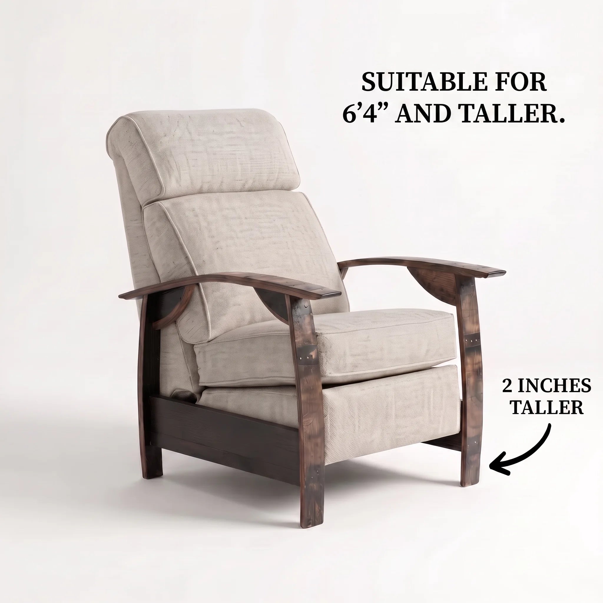 Big & Tall whiskey barrel recliner chair in oatmeal gray plush fabric with oak whiskey-barrel stave armrests, upright, on a white background, labelled suitable for 6'4" and taller with legs 2 inches taller