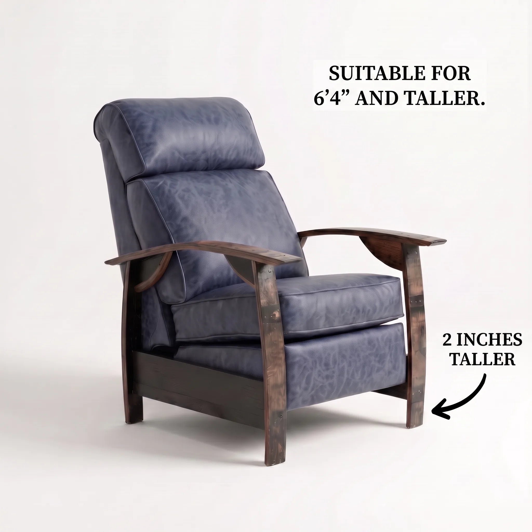 Big & Tall whiskey barrel recliner chair in denim blue distressed leather with oak whiskey-barrel stave armrests, upright, on a white background, labelled suitable for 6'4" and taller with legs 2 inches taller
