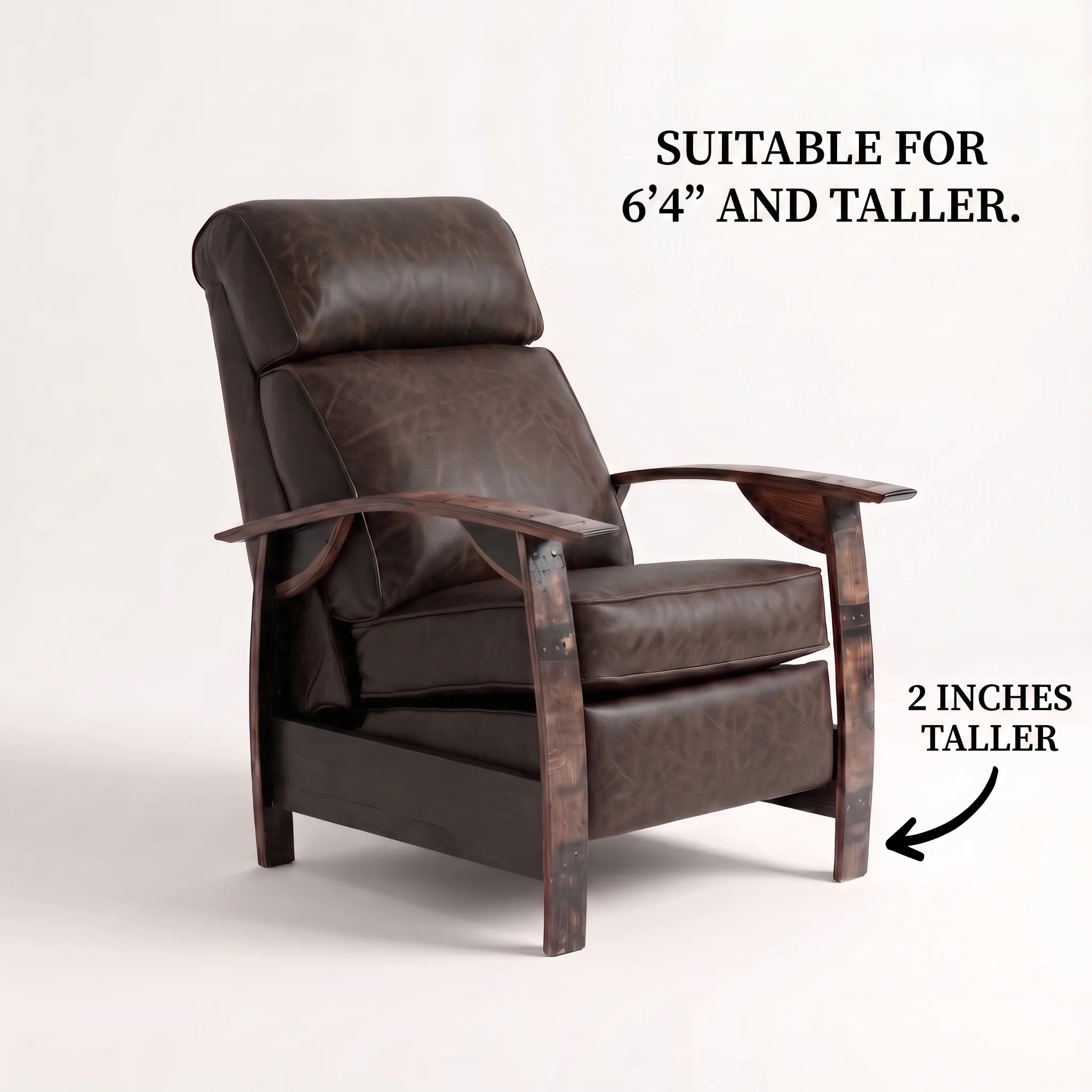 Big & Tall whiskey barrel recliner chair in cognac brown leather with oak whiskey-barrel stave armrests, upright, on a white background, labelled suitable for 6'4" and taller with legs 2 inches taller