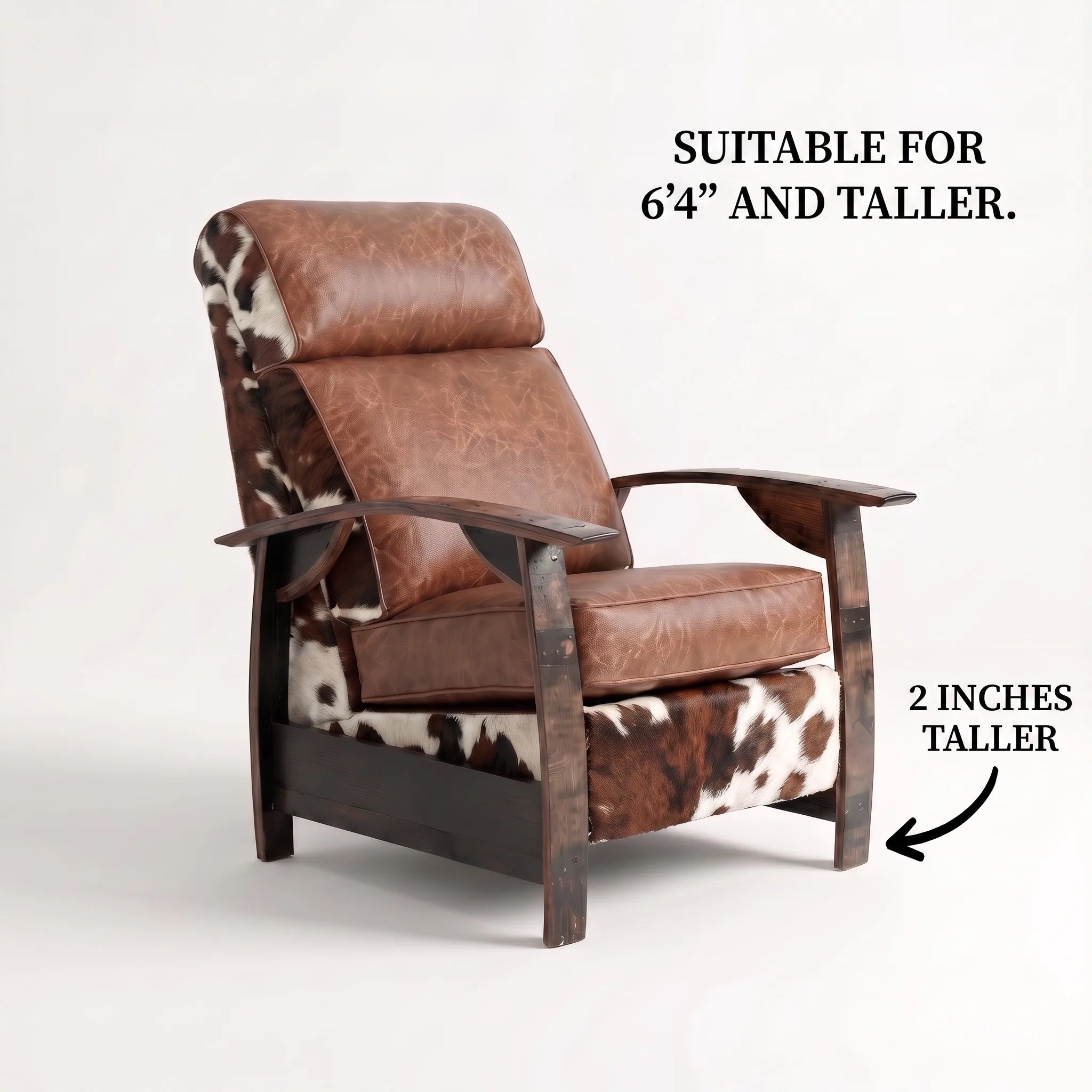 Big & Tall whiskey barrel recliner chair in tri-color cowhide and leather with oak whiskey-barrel stave armrests, upright, on a white background, labelled suitable for 6'4" and taller with legs 2 inches taller