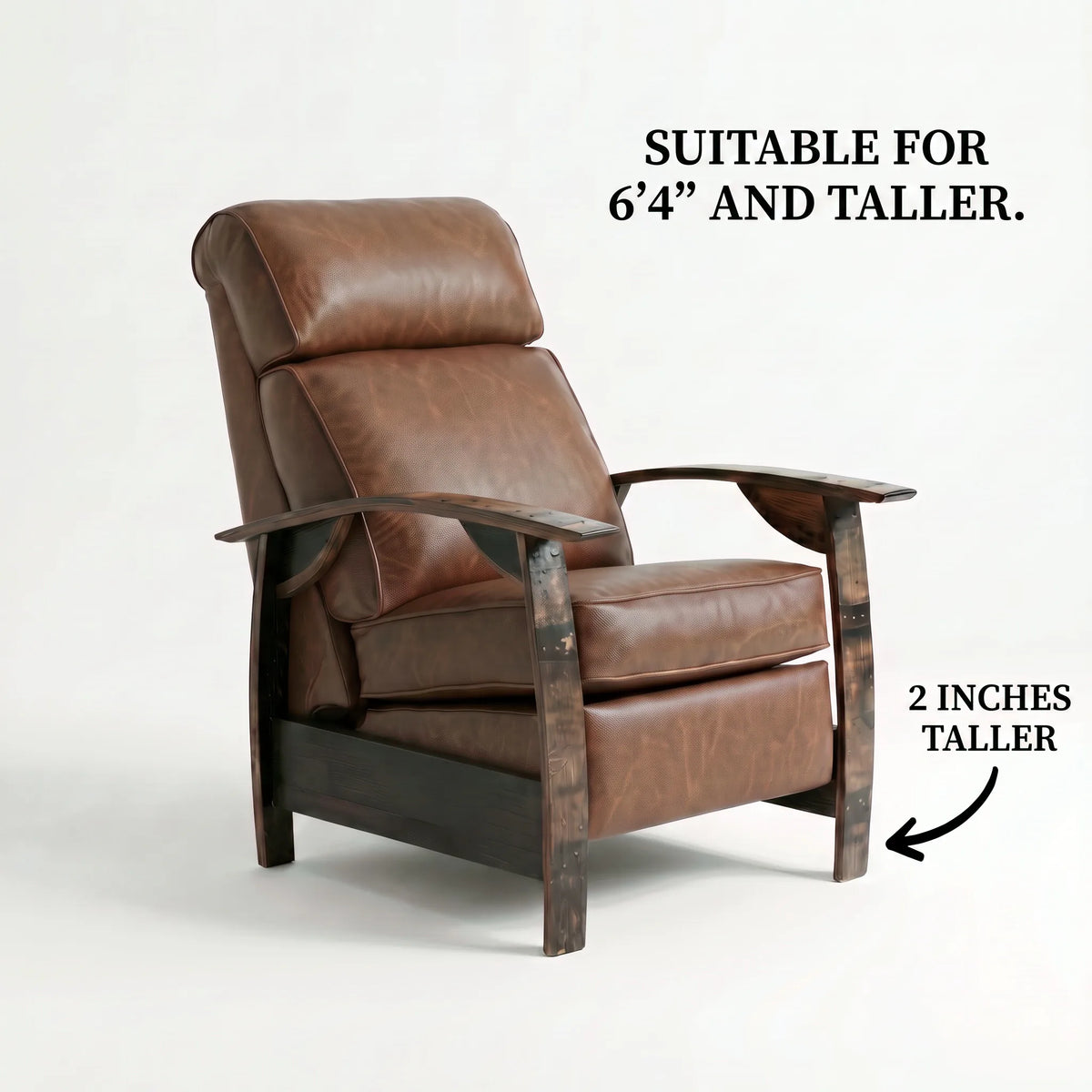 Extra Tall whiskey barrel recliner chair in distressed whiskey-brown full-grain leather with oak whiskey-barrel stave armrests, upright, on a white background, labelled suitable for 6'4" and taller with legs 2 inches taller