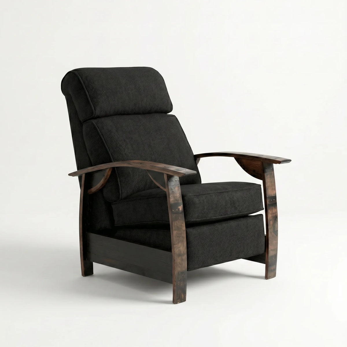 Whiskey barrel recliner chair with black fabric cushions and wooden armrests on a white background