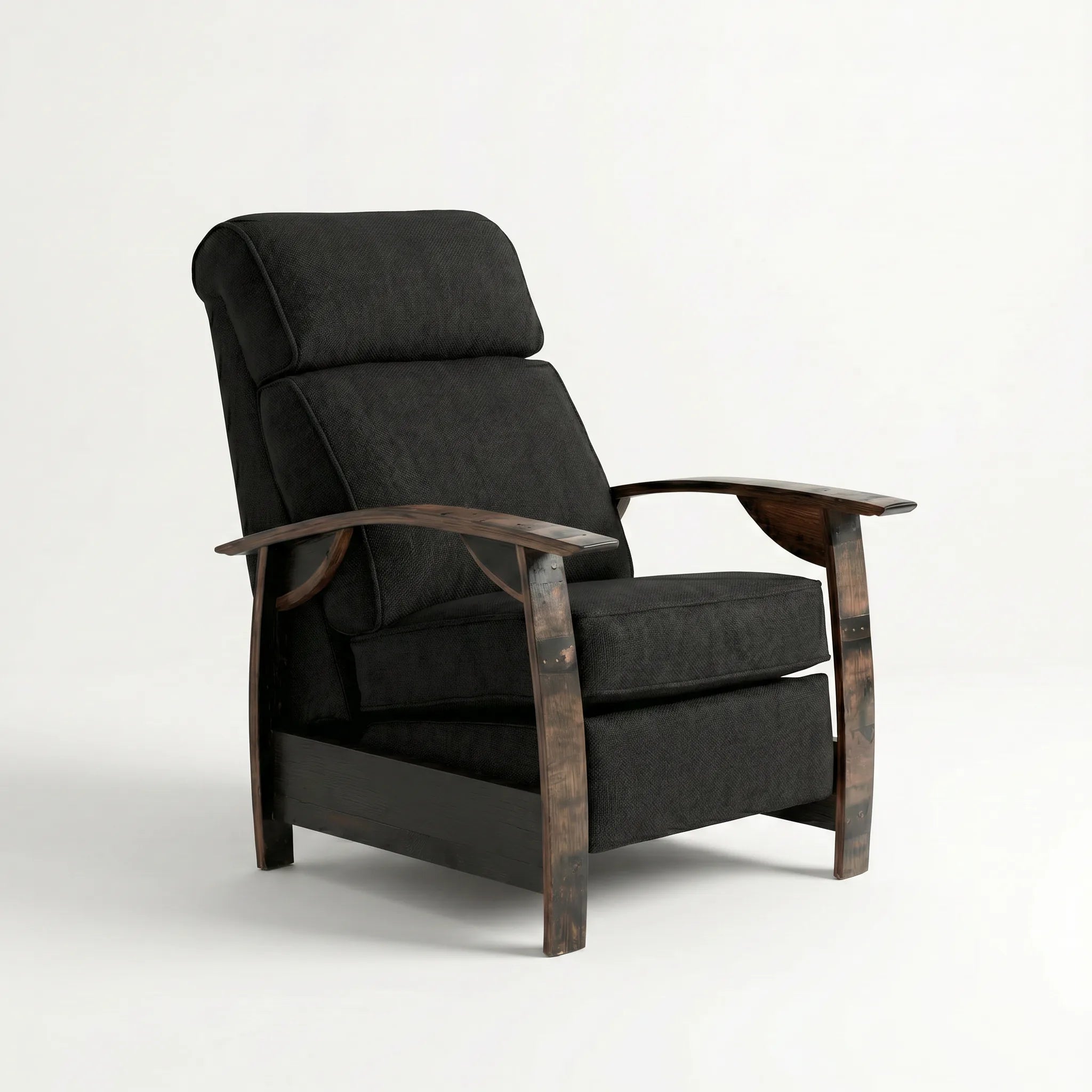 Whiskey barrel recliner chair with black fabric cushions and wooden armrests on a white background