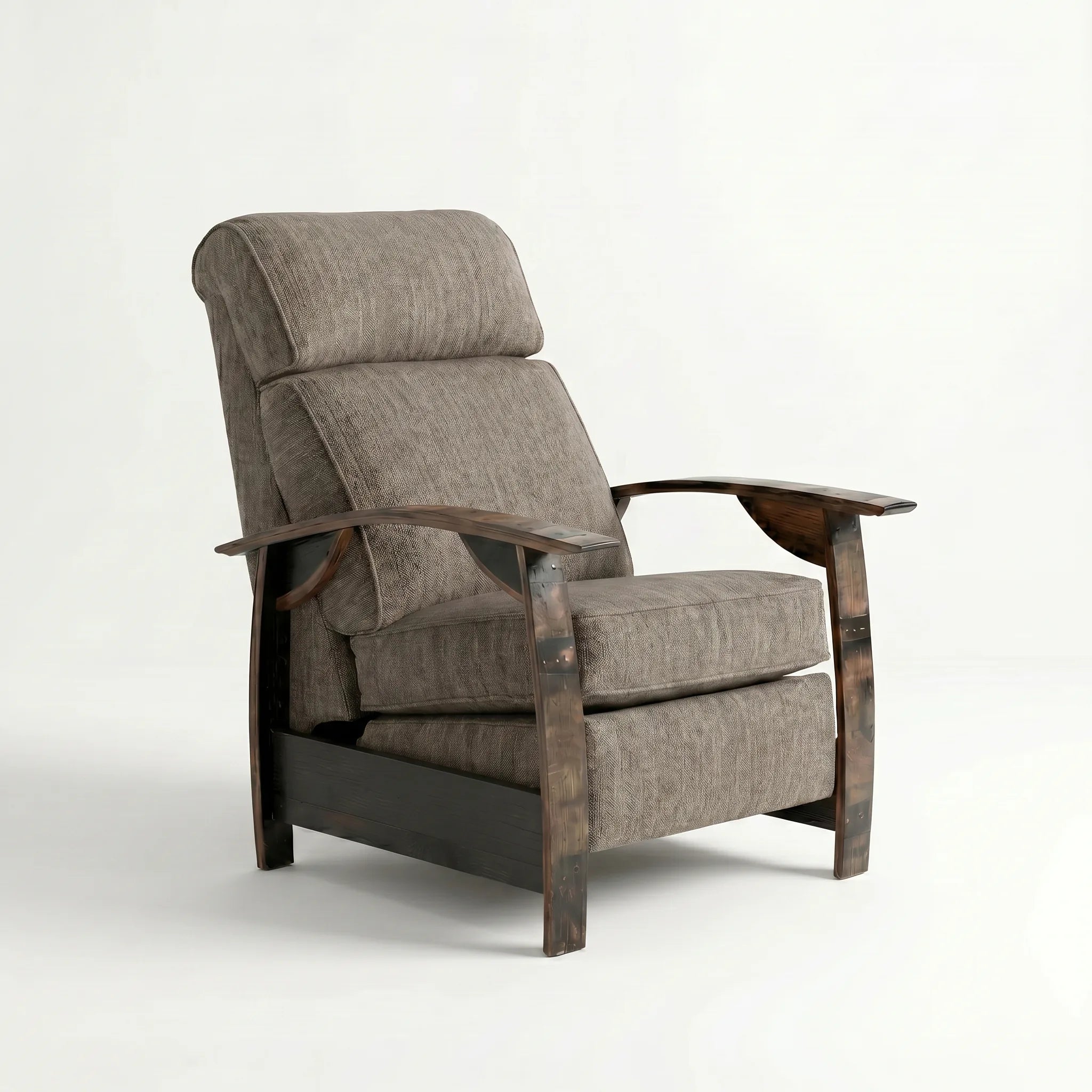 Whiskey barrel recliner chair in coffee brown plush fabric with oak whiskey-barrel stave armrests, upright, on a white background