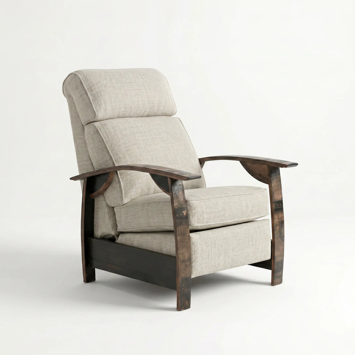 Whiskey barrel recliner chair in oatmeal gray plush fabric with oak whiskey-barrel stave armrests, upright, on a white background