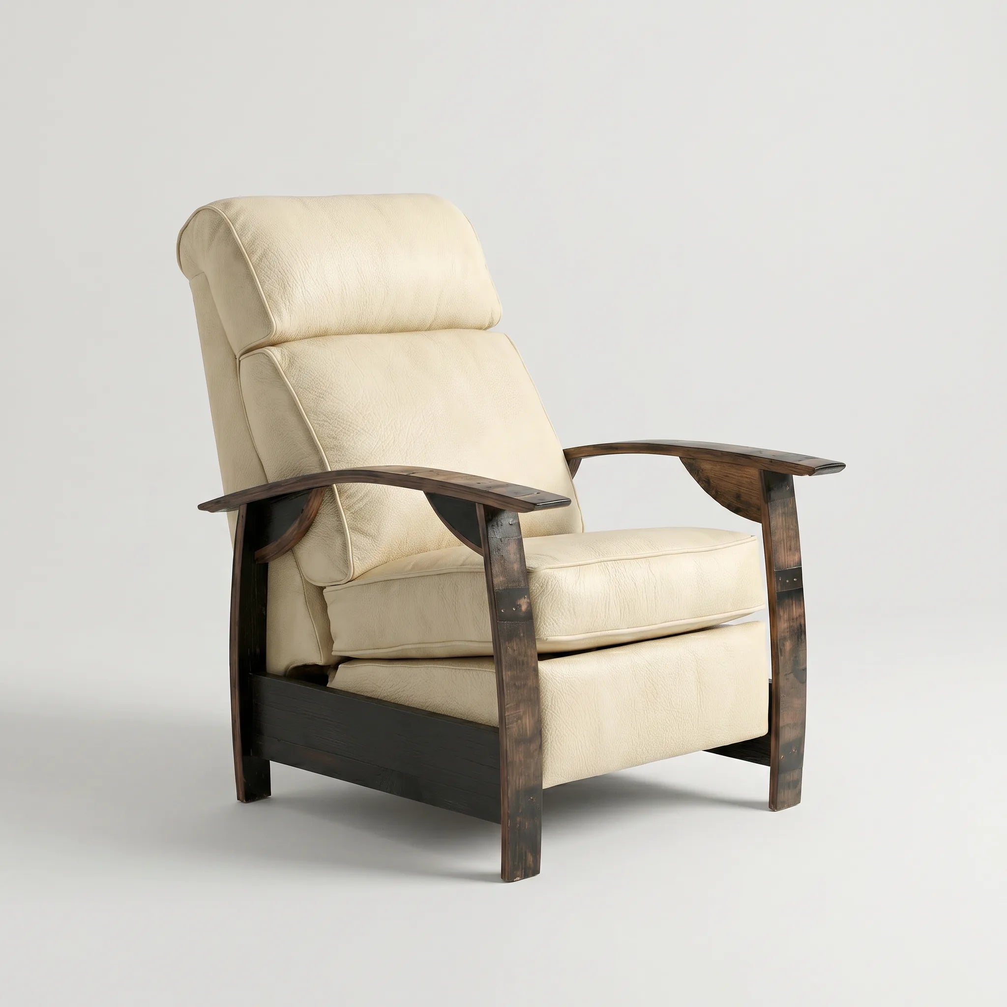 Whiskey barrel recliner chair in cream ivory leather with oak whiskey-barrel stave armrests, upright, on a white background