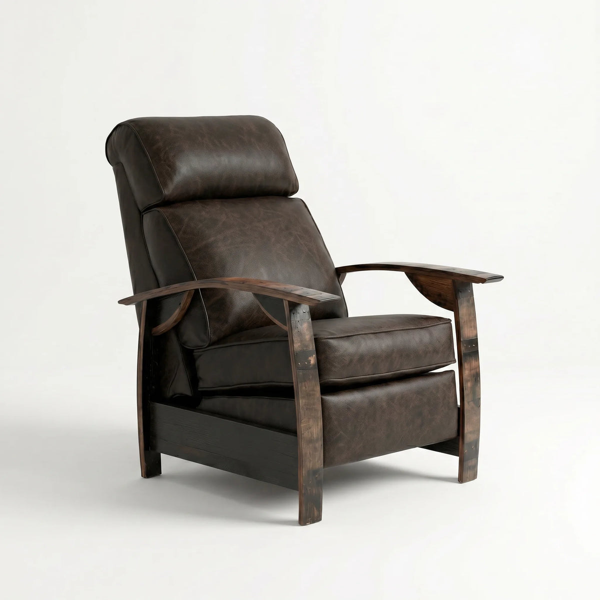 Whiskey barrel recliner chair in cognac brown leather with oak whiskey-barrel stave armrests, upright, on a white background