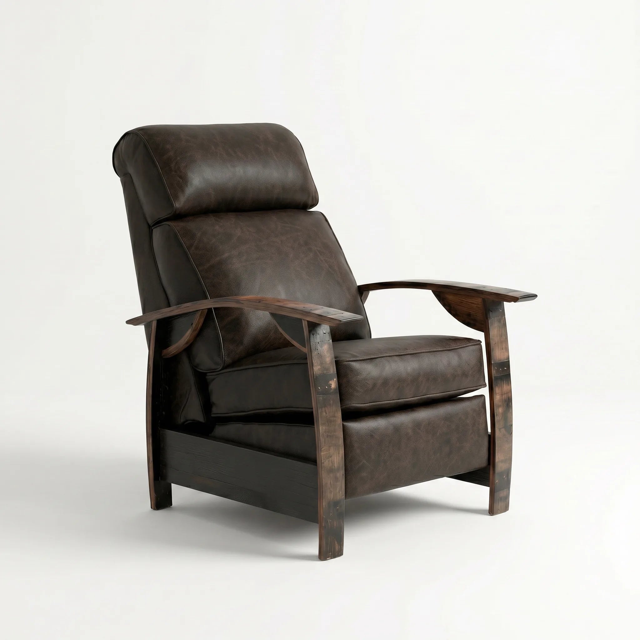 Whiskey barrel recliner chair in cognac brown leather with oak whiskey-barrel stave armrests, upright, on a white background