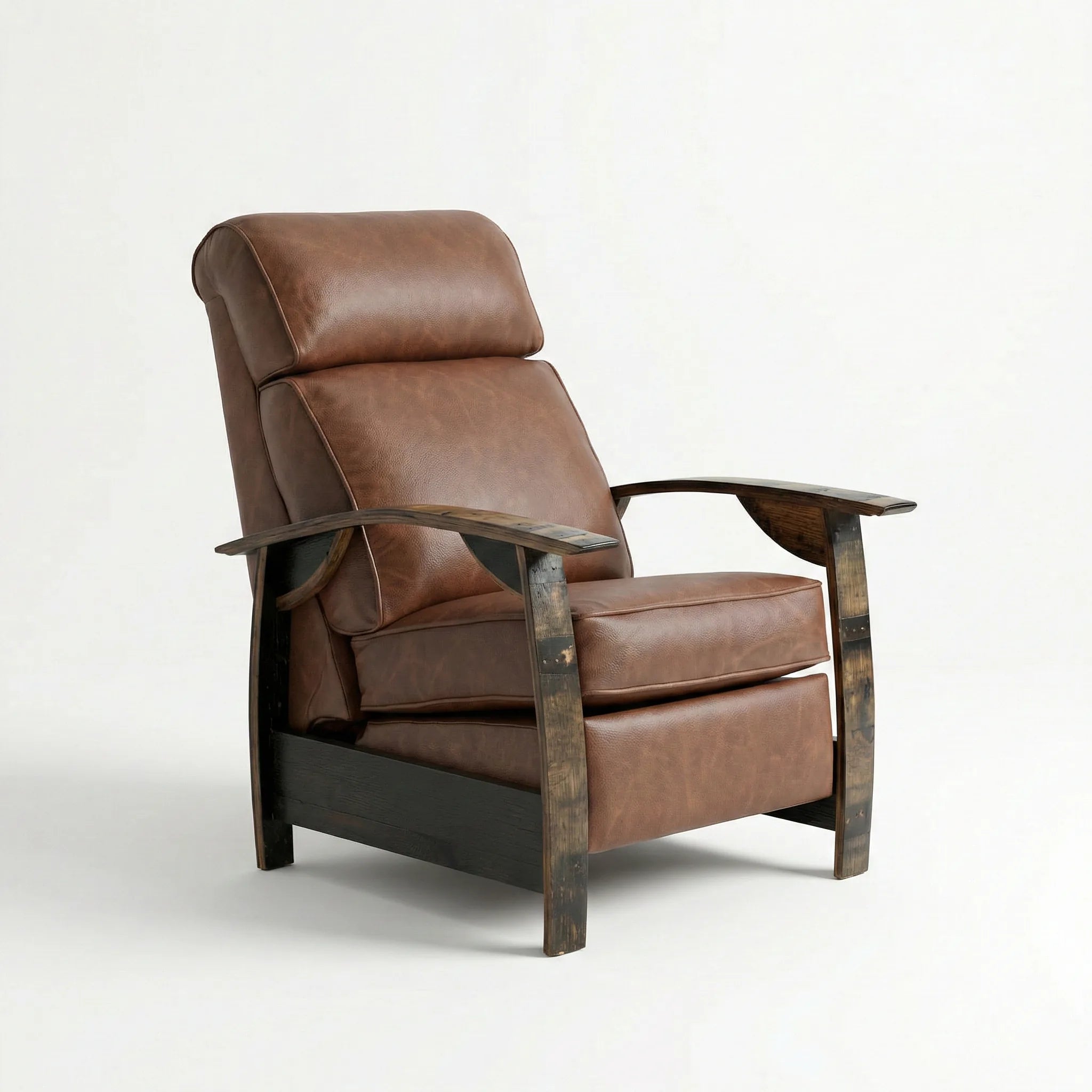 Whiskey barrel recliner chair in distressed whiskey-brown full-grain leather with oak whiskey-barrel stave armrests, upright, on a white background