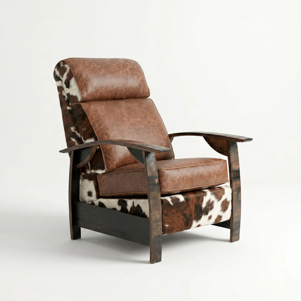 Whiskey barrel recliner chair in tri-color cowhide and leather with oak whiskey-barrel stave armrests, upright, on a white background
