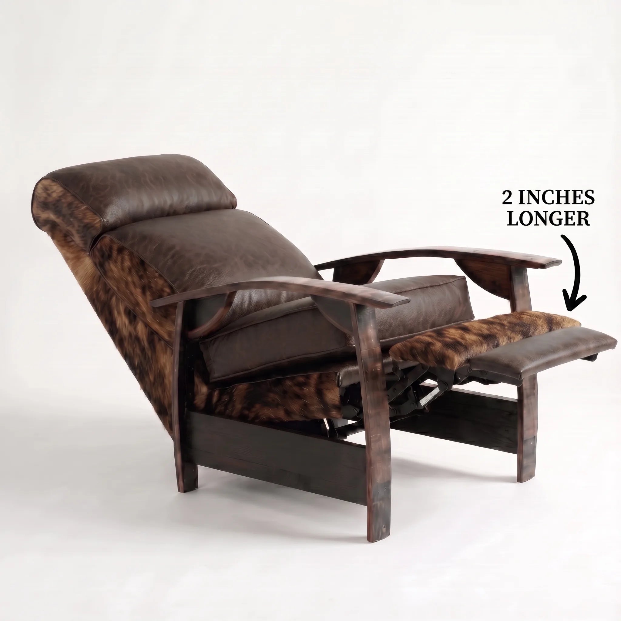 Big & Tall brindle cowhide whiskey barrel recliner reclined with the 2-inch-longer footrest extended and oak whiskey-barrel stave armrests, on a white background
