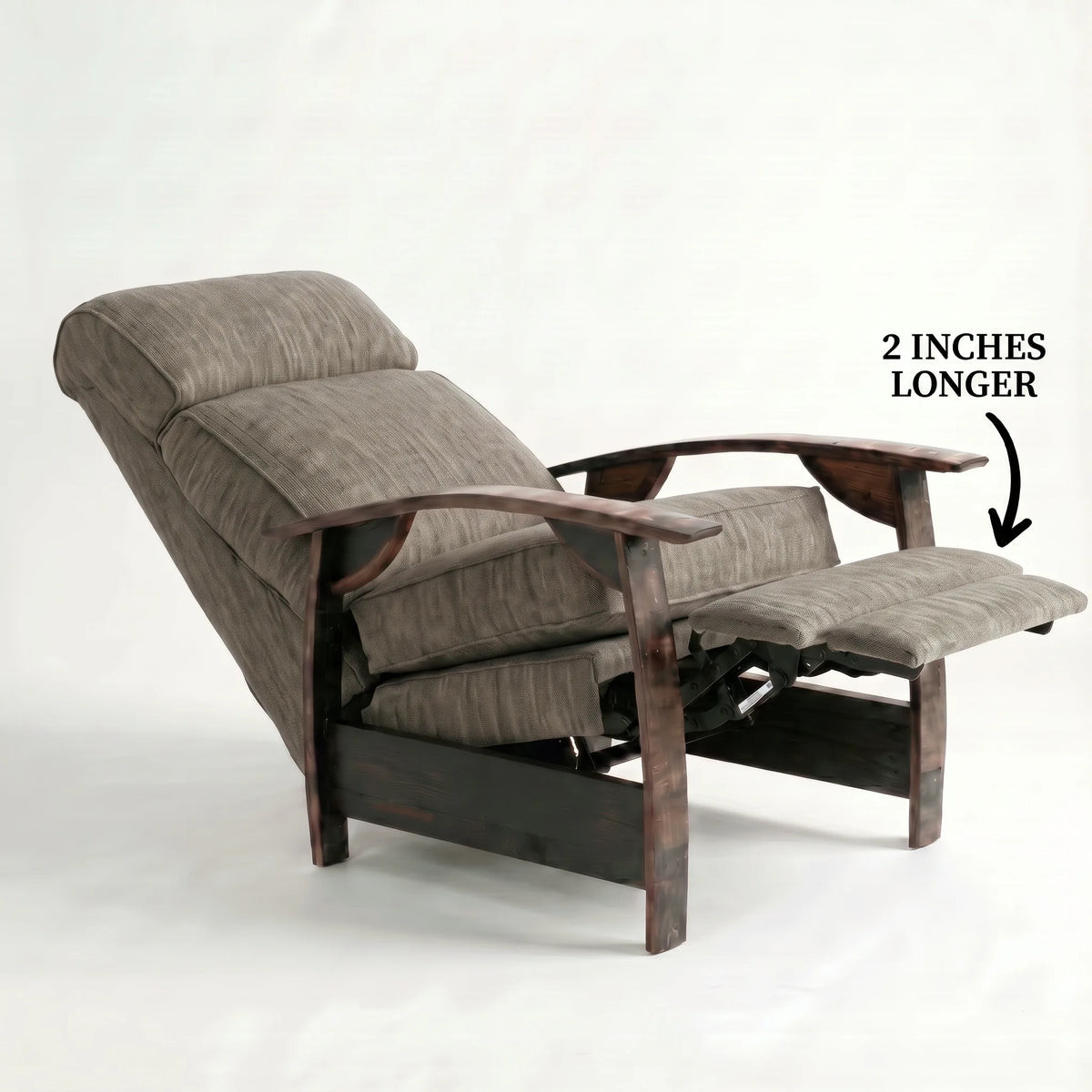 Extra Tall coffee brown plush fabric whiskey barrel recliner reclined with the 2-inch-longer footrest extended and oak whiskey-barrel stave armrests, on a white background