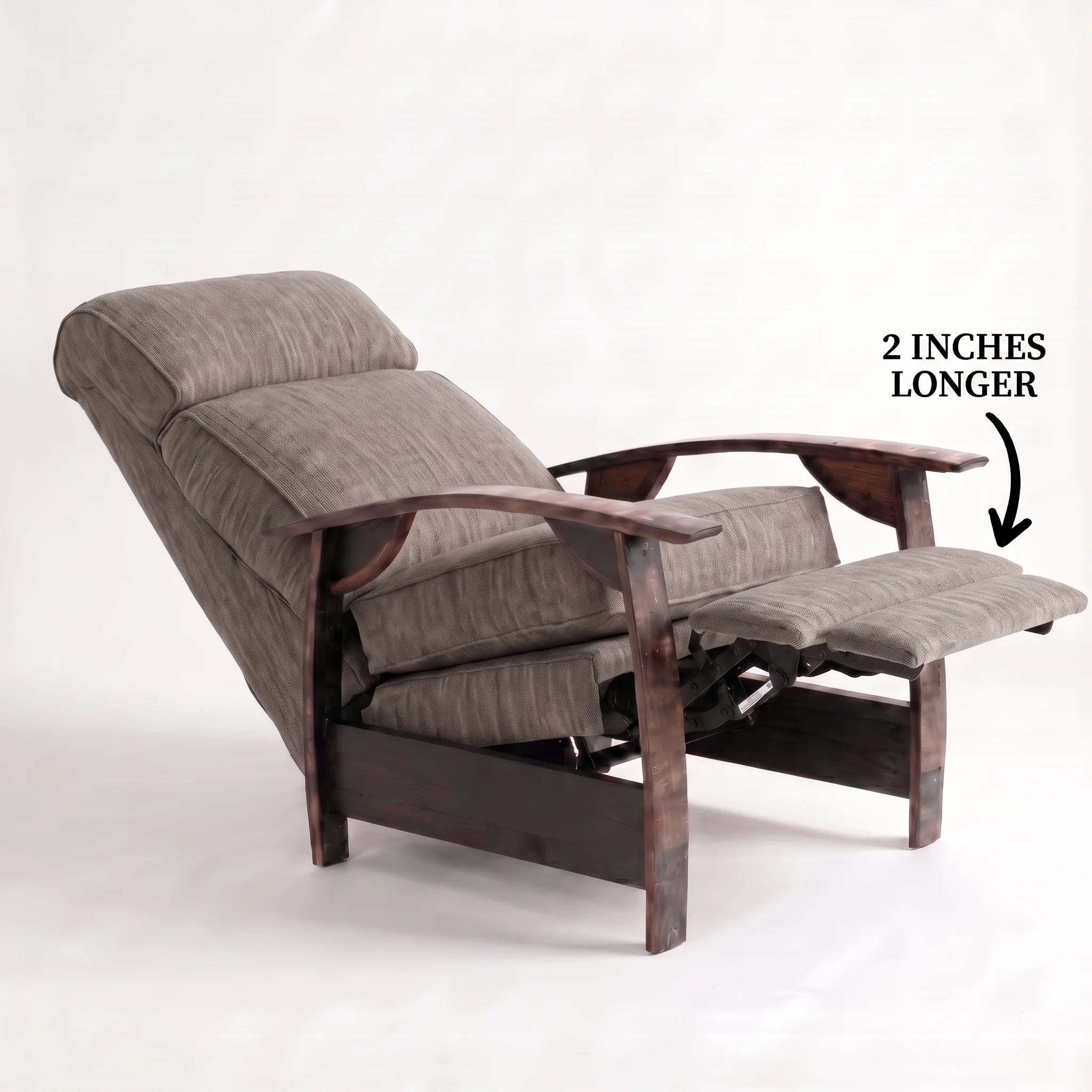 Big & Tall coffee brown plush fabric whiskey barrel recliner reclined with the 2-inch-longer footrest extended and oak whiskey-barrel stave armrests, on a white background