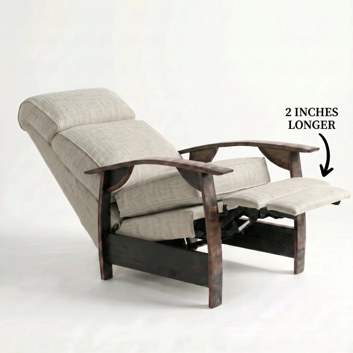 Extra Tall oatmeal gray plush fabric whiskey barrel recliner reclined with the 2-inch-longer footrest extended and oak whiskey-barrel stave armrests, on a white background