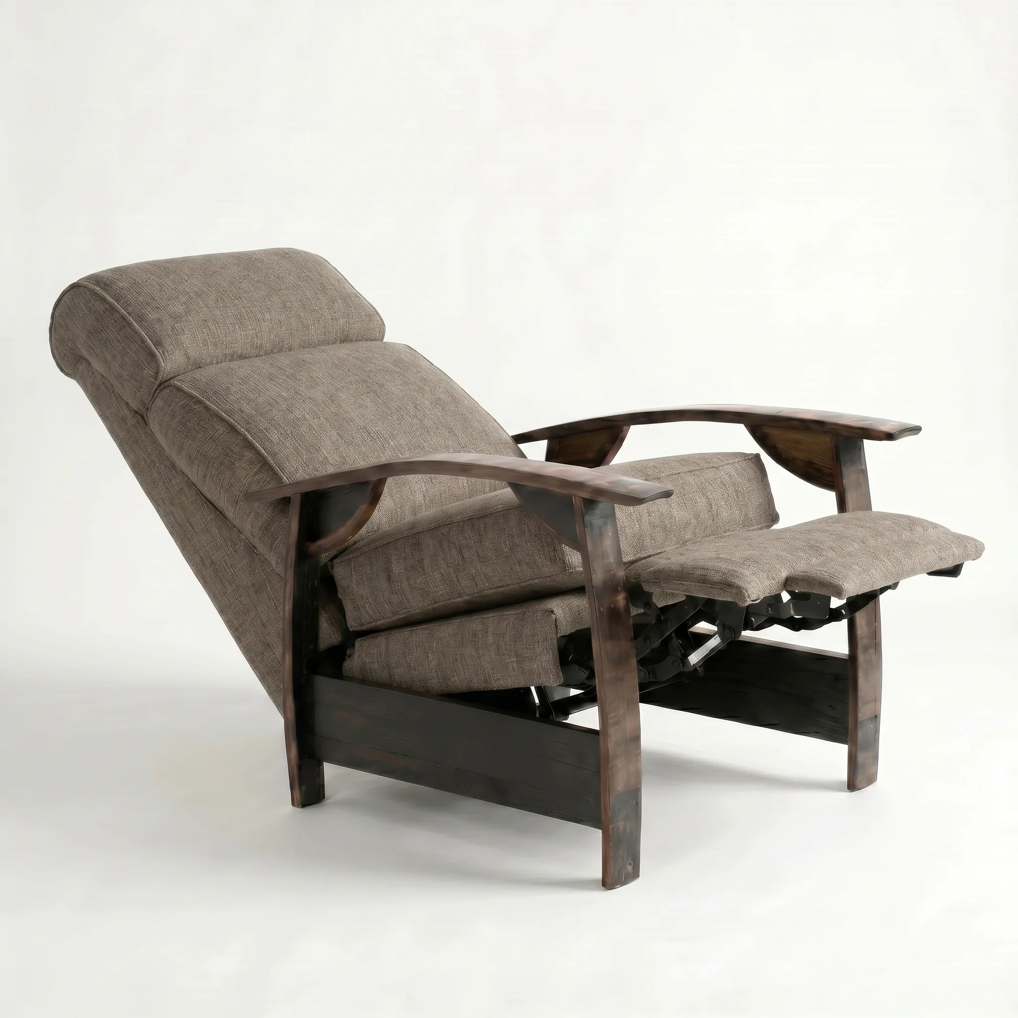 Coffee brown plush fabric whiskey barrel recliner reclined with footrest extended and oak whiskey-barrel stave armrests, on a white background
