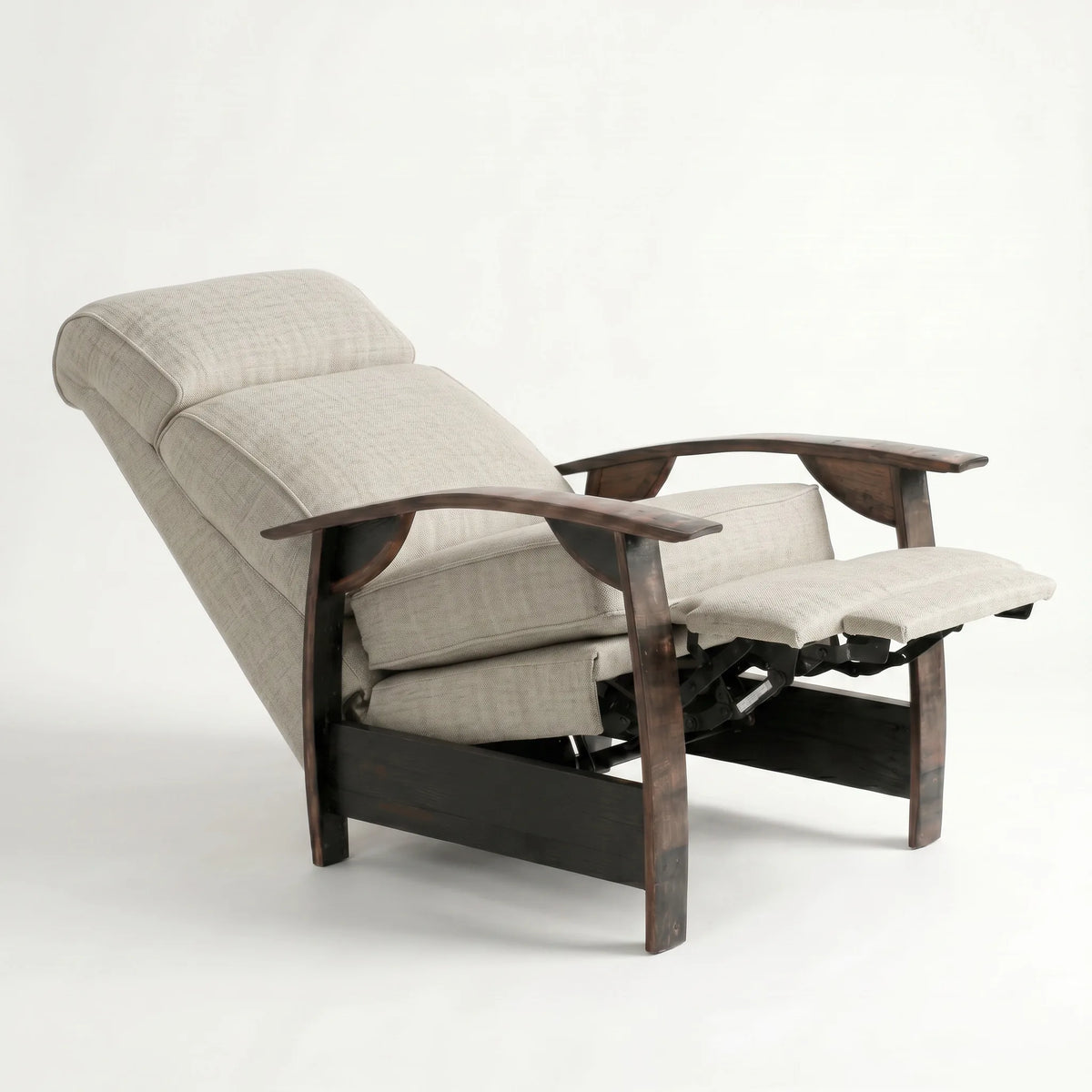 Oatmeal gray plush fabric whiskey barrel recliner reclined with footrest extended and oak whiskey-barrel stave armrests, on a white background