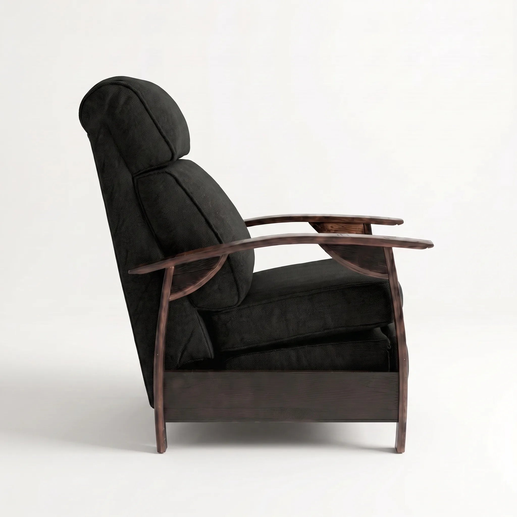 Side profile of the Big & Tall black plush fabric whiskey barrel recliner, upright and closed, on a white background