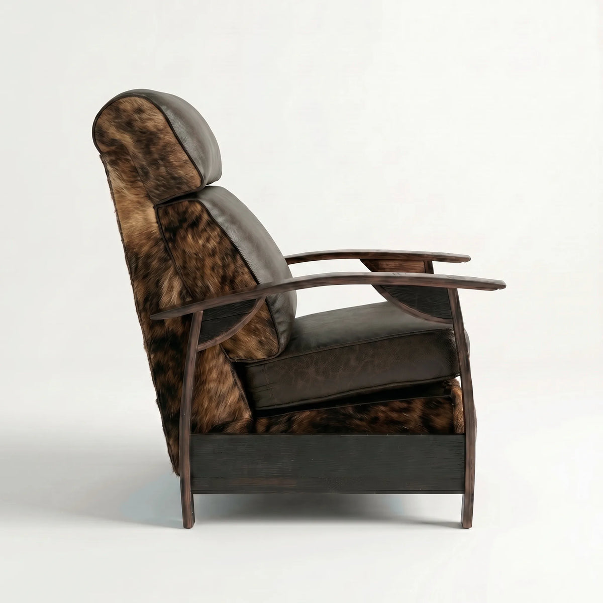 Side profile of the Extra Tall brindle cowhide whiskey barrel recliner, upright and closed, on a white background