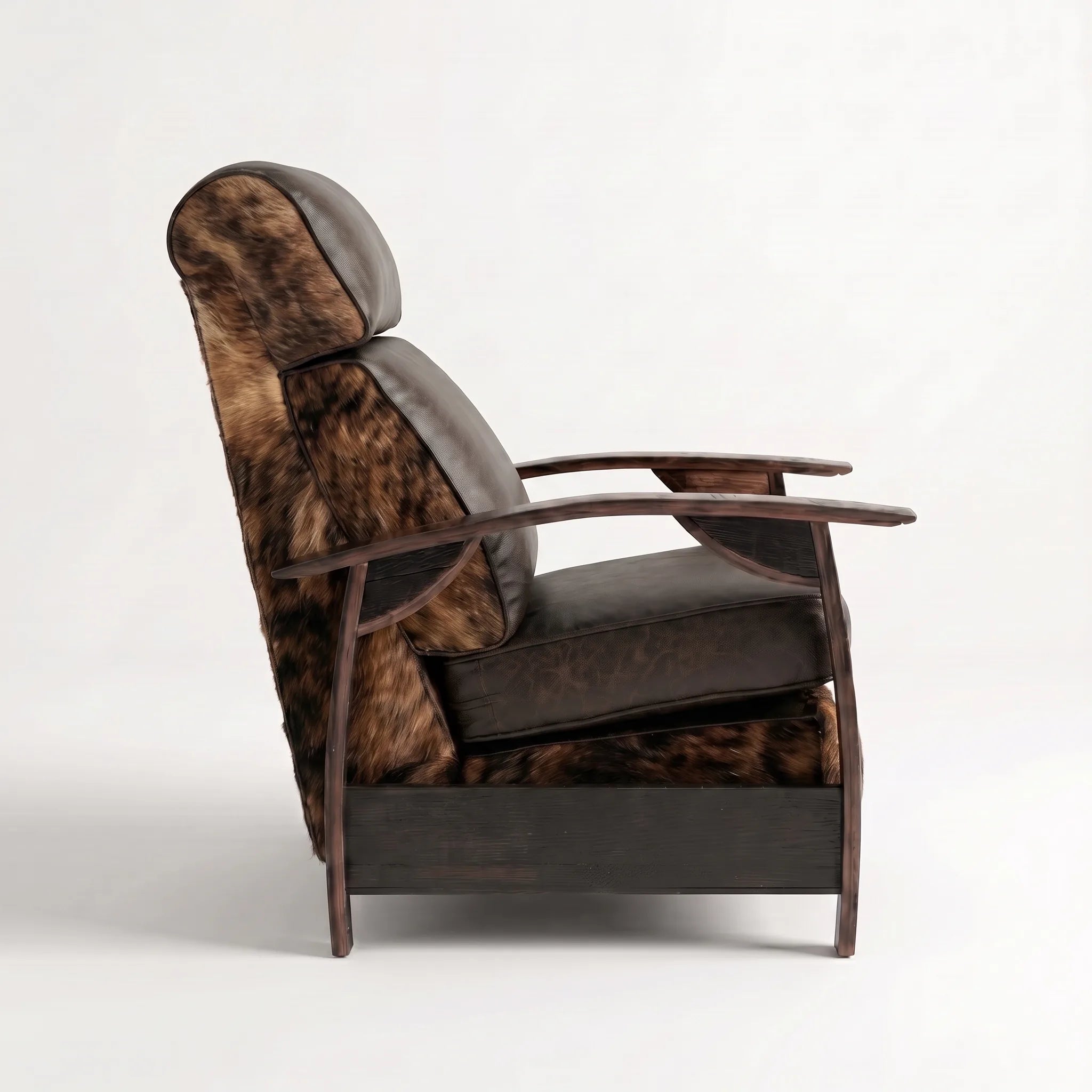 Side profile of the Big & Tall brindle cowhide whiskey barrel recliner, upright and closed, on a white background