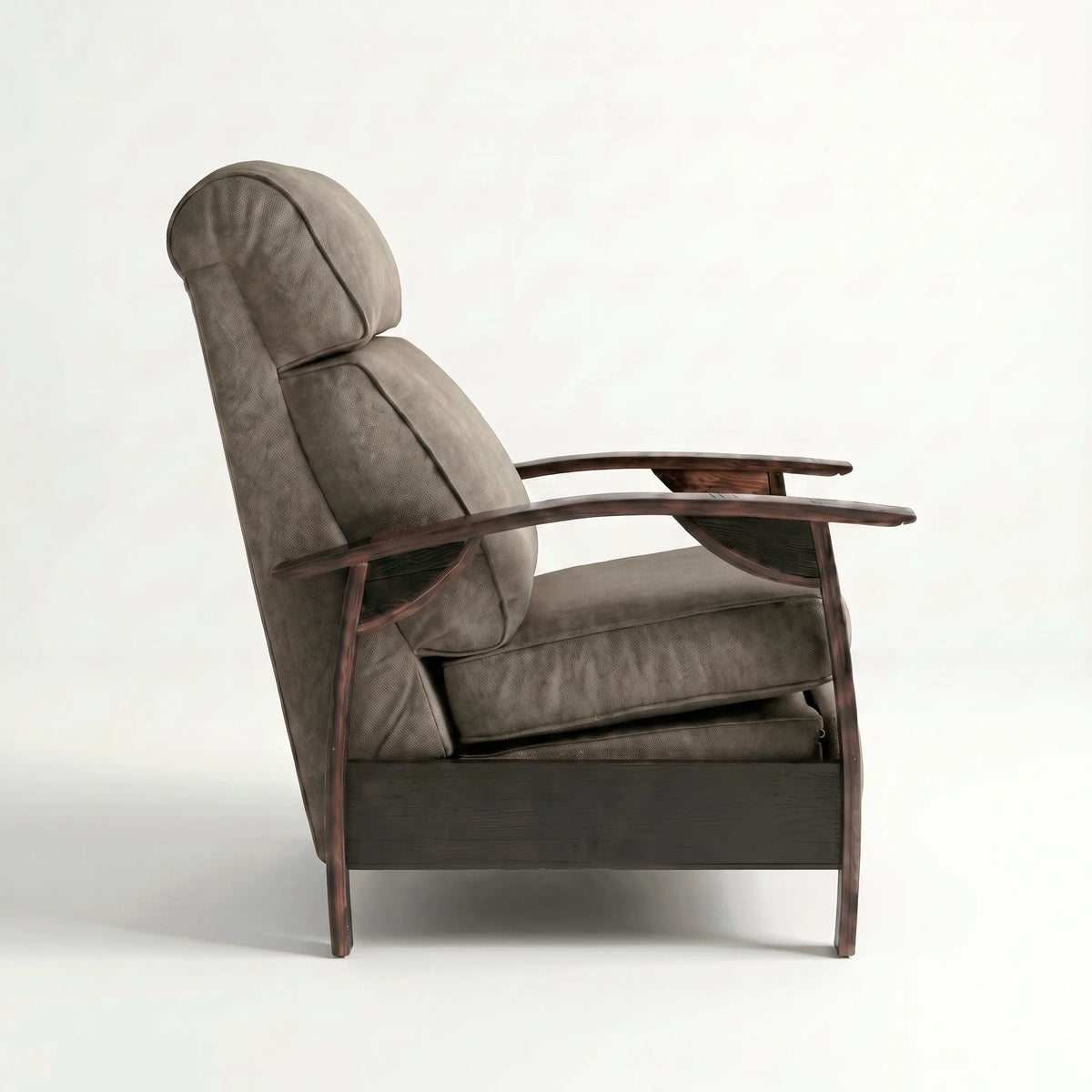 Side profile of the Extra Tall coffee brown plush fabric whiskey barrel recliner, upright and closed, on a white background